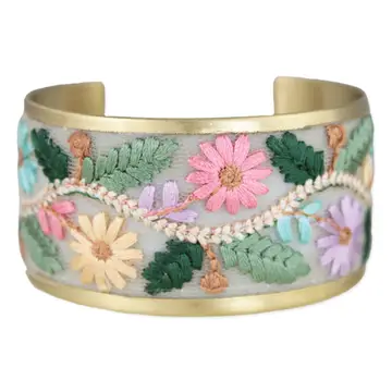 Handmade Floral Embroidered Brass Cuff