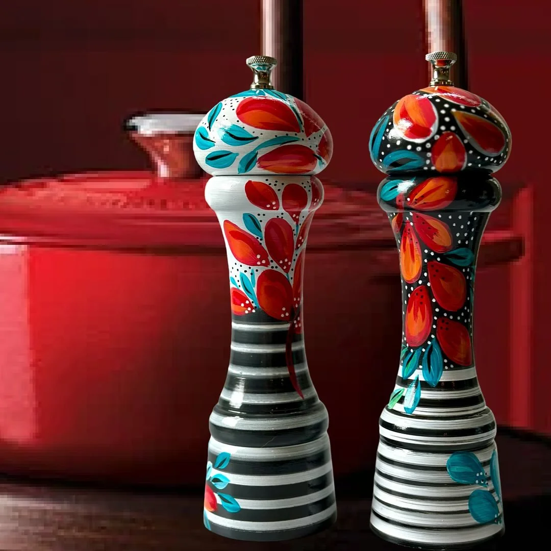 Finished a set for a wedding gift last week; my customer requested that the set coordinate with the Le Creuset &ldquo;Marseille&rdquo; pots on the couple&rsquo;s registry. Looking at their rich colors is inspiring some new color combinations. The pum