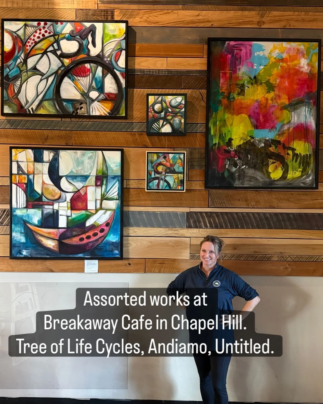 Hanging my paintings at @breakaway.cafe.nc is an exciting step for me; it&rsquo;s the first time I&rsquo;ve displayed them outside my own studio. I&rsquo;ve had several large, sculptural public works projects over the years, most of which are on disp