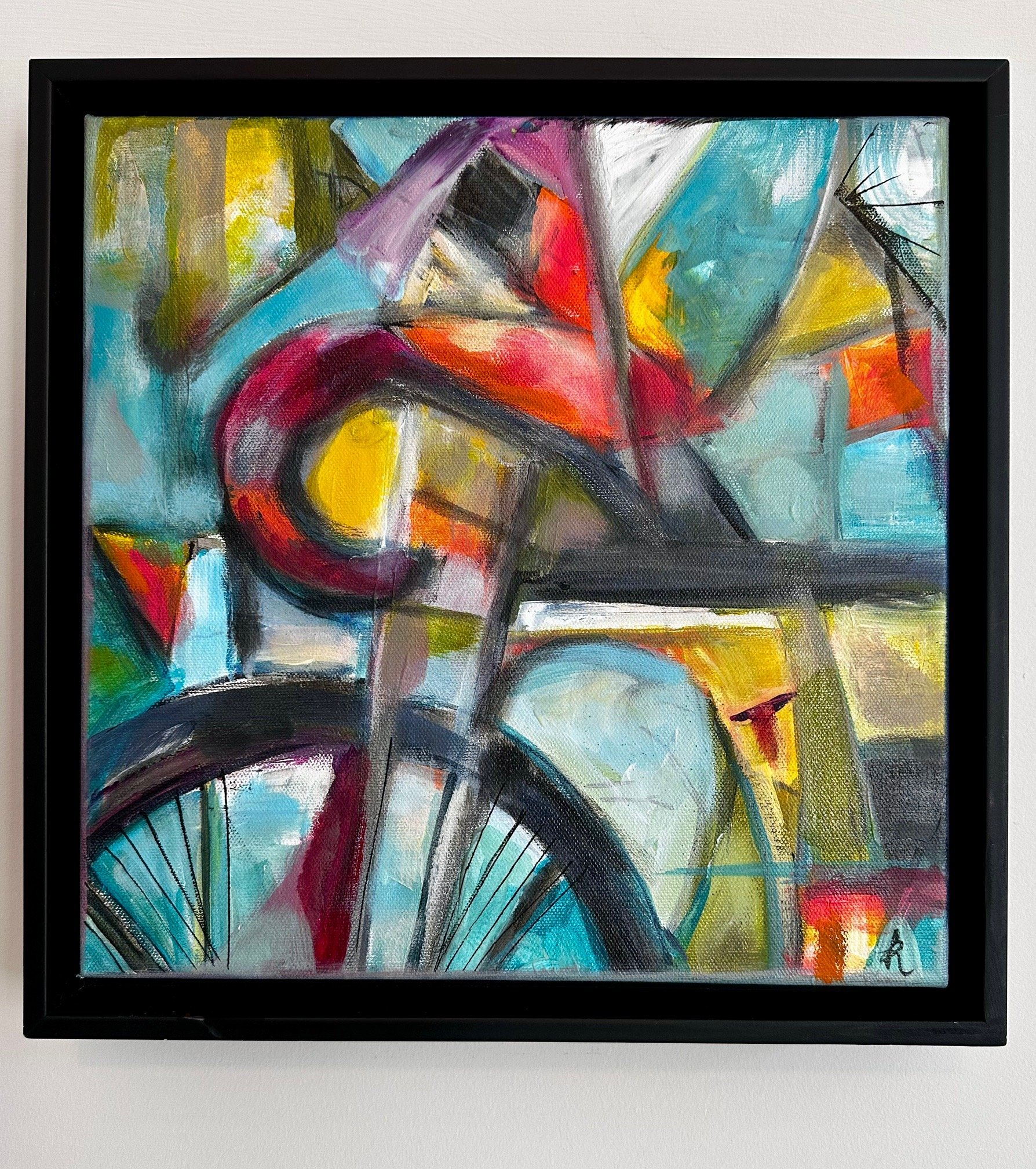 Abstract cycling painting, abstract expressionism, original framed