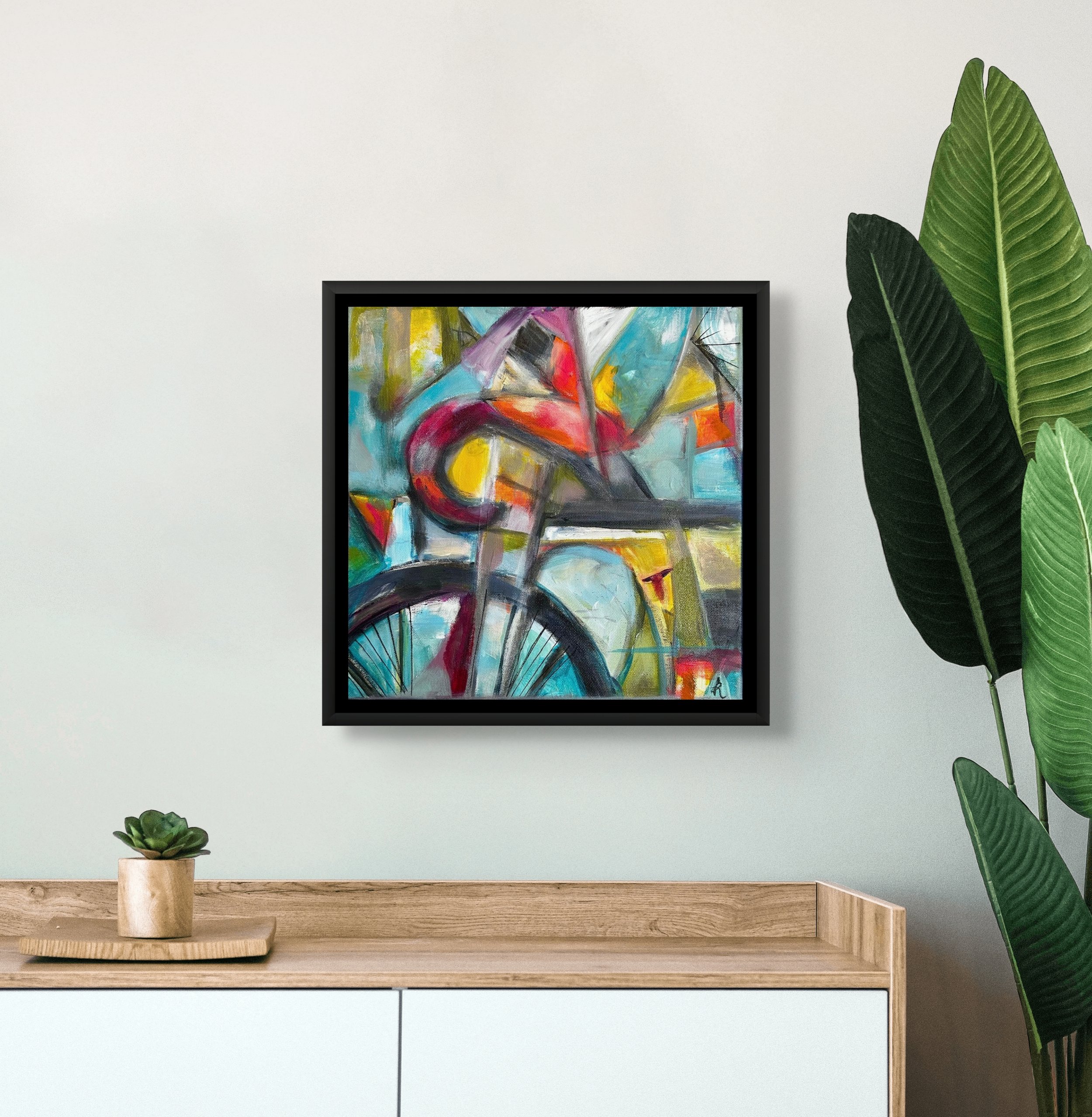 Abstract cycling painting, abstract expressionism, original framed placed for reference in a photo of a room