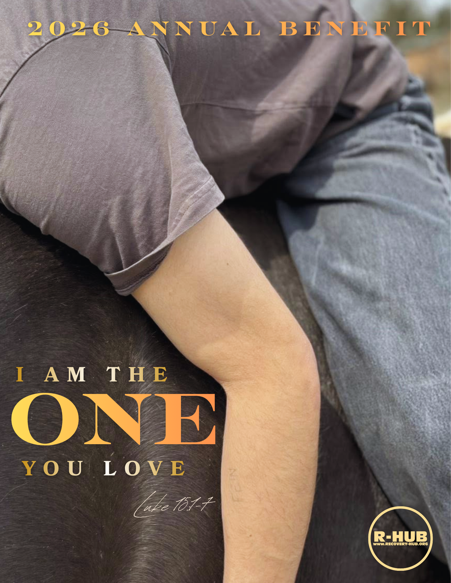 Close-up of an adolescent at the R-HUB Farm wearing a purple shirt and blue jeans, sitting with their arm resting on a black horse.