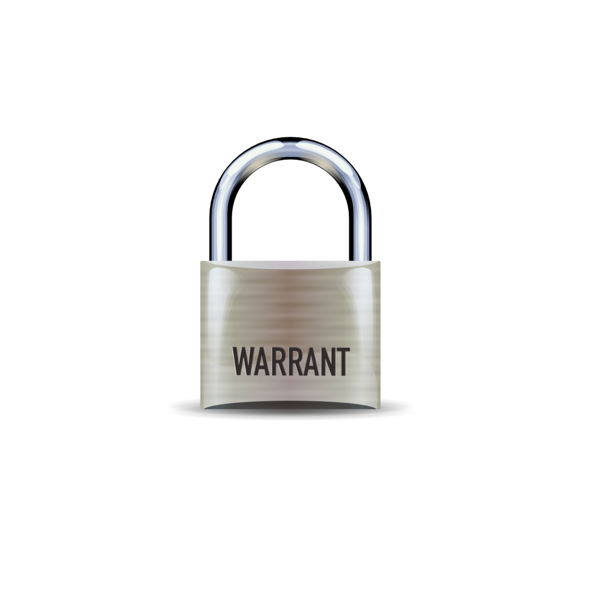 A padlock with the word 'WARRANT' written on its body, illuminated against a black background.