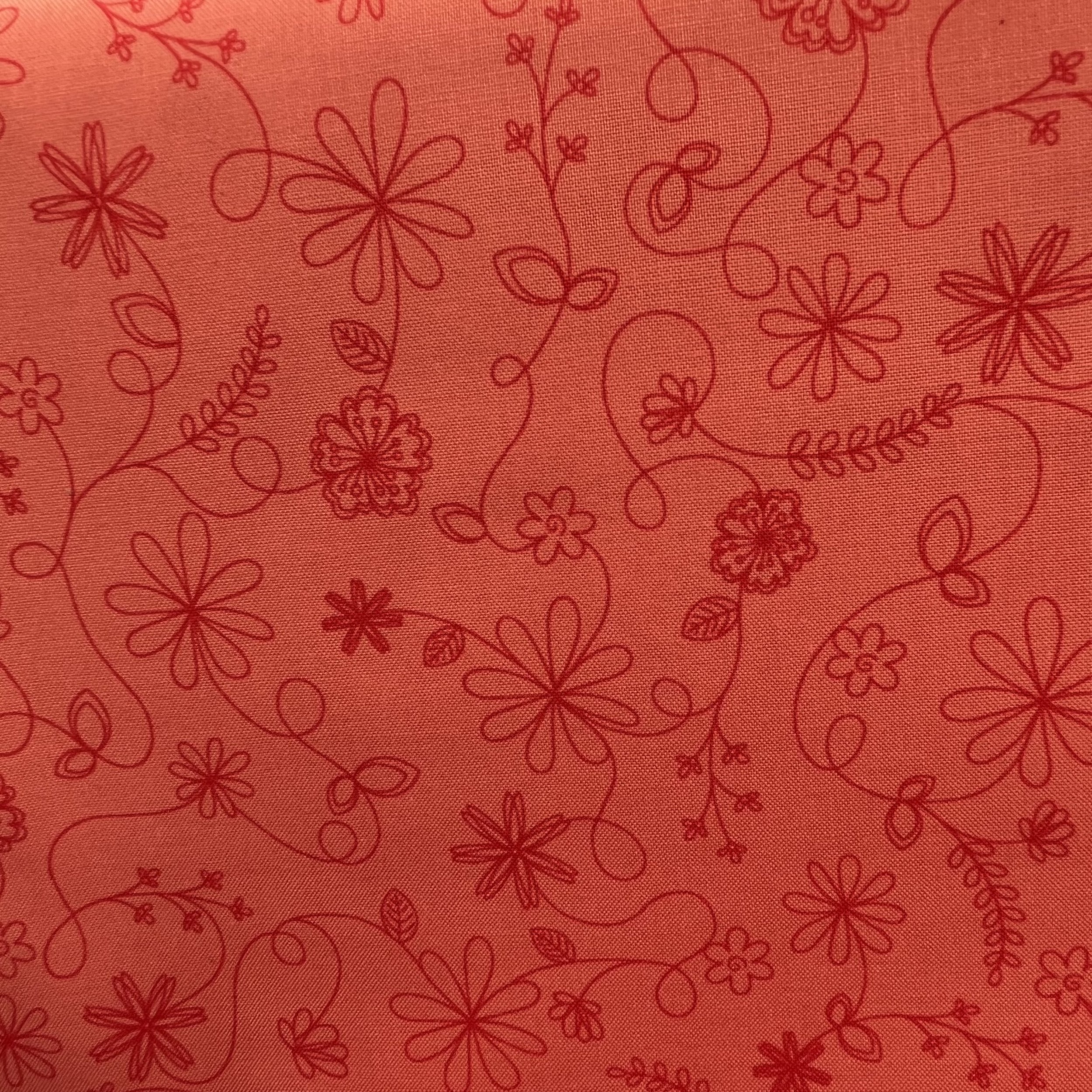 Kimberbell Refreshed Basic Fabric Pink Background Red Doodle Design