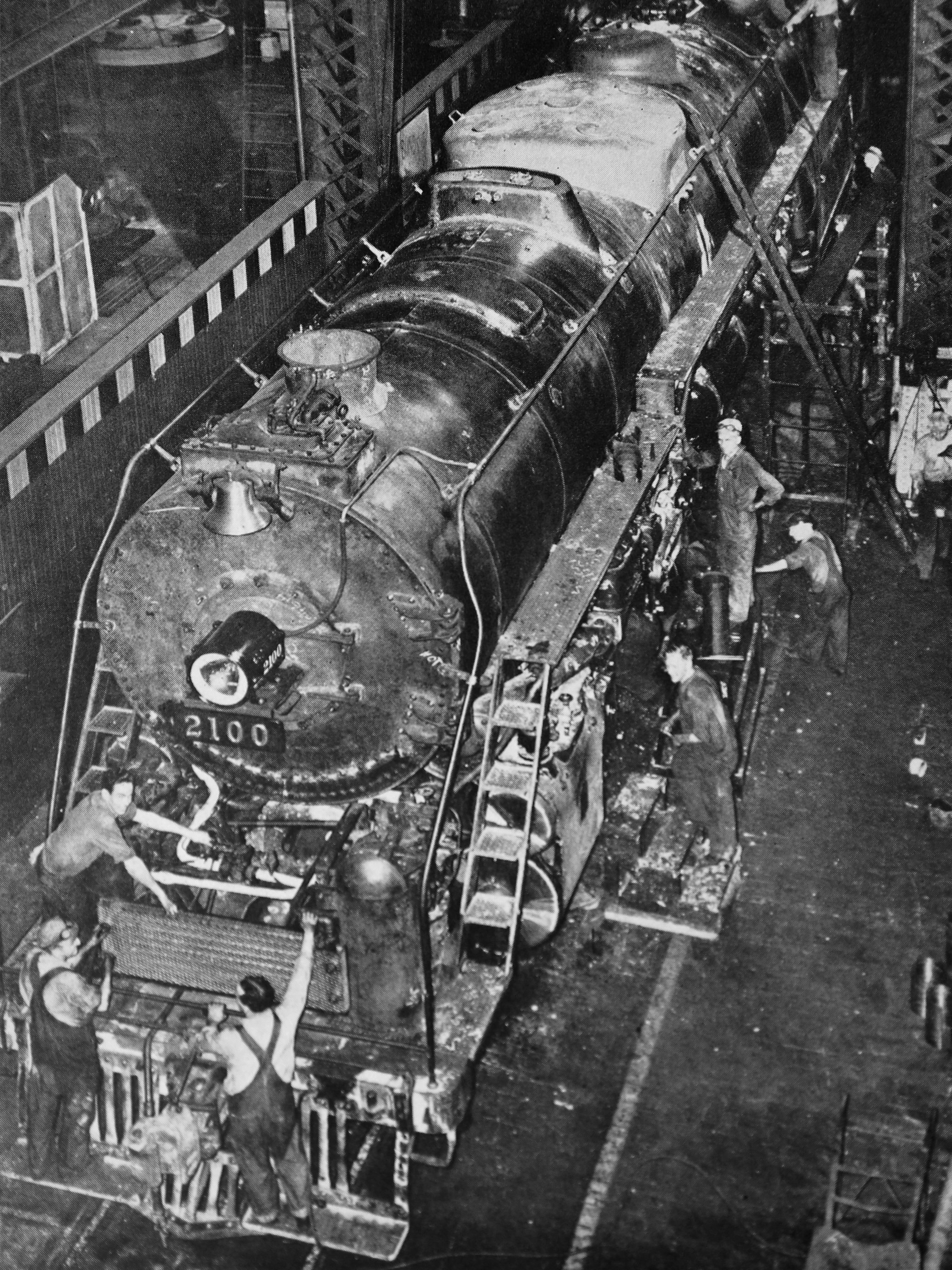 No. 2100 in the making, viewed from the crane in the Reading Company's Reading, Pa., shops. — As shown in the October 1945 issue of Reading Railroad Magazine.
