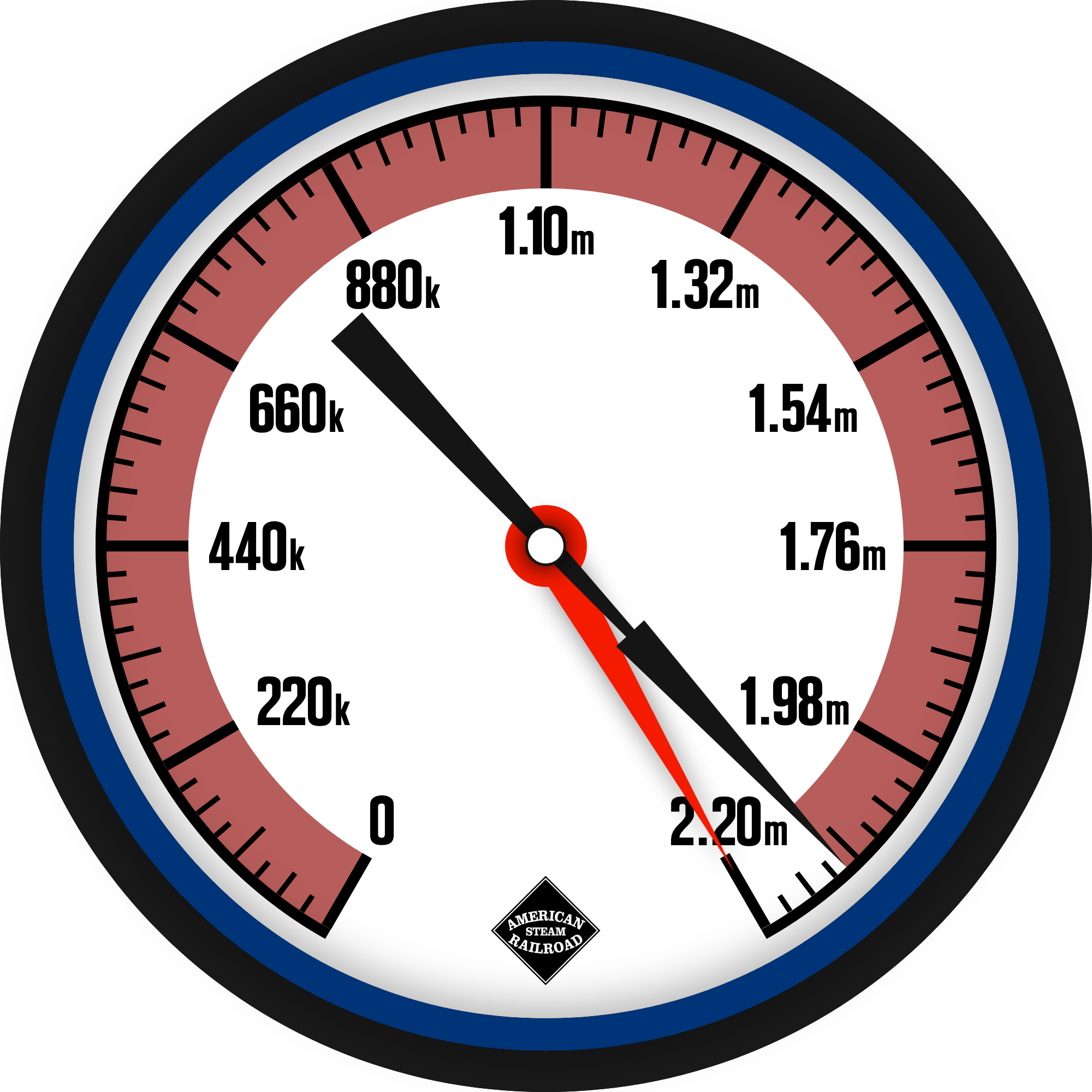 A fundraising meter styled after a pressure gauge, showing $98,000 remains to be raised to finish American Freedom Train steam locomotive No. 250's restoration.