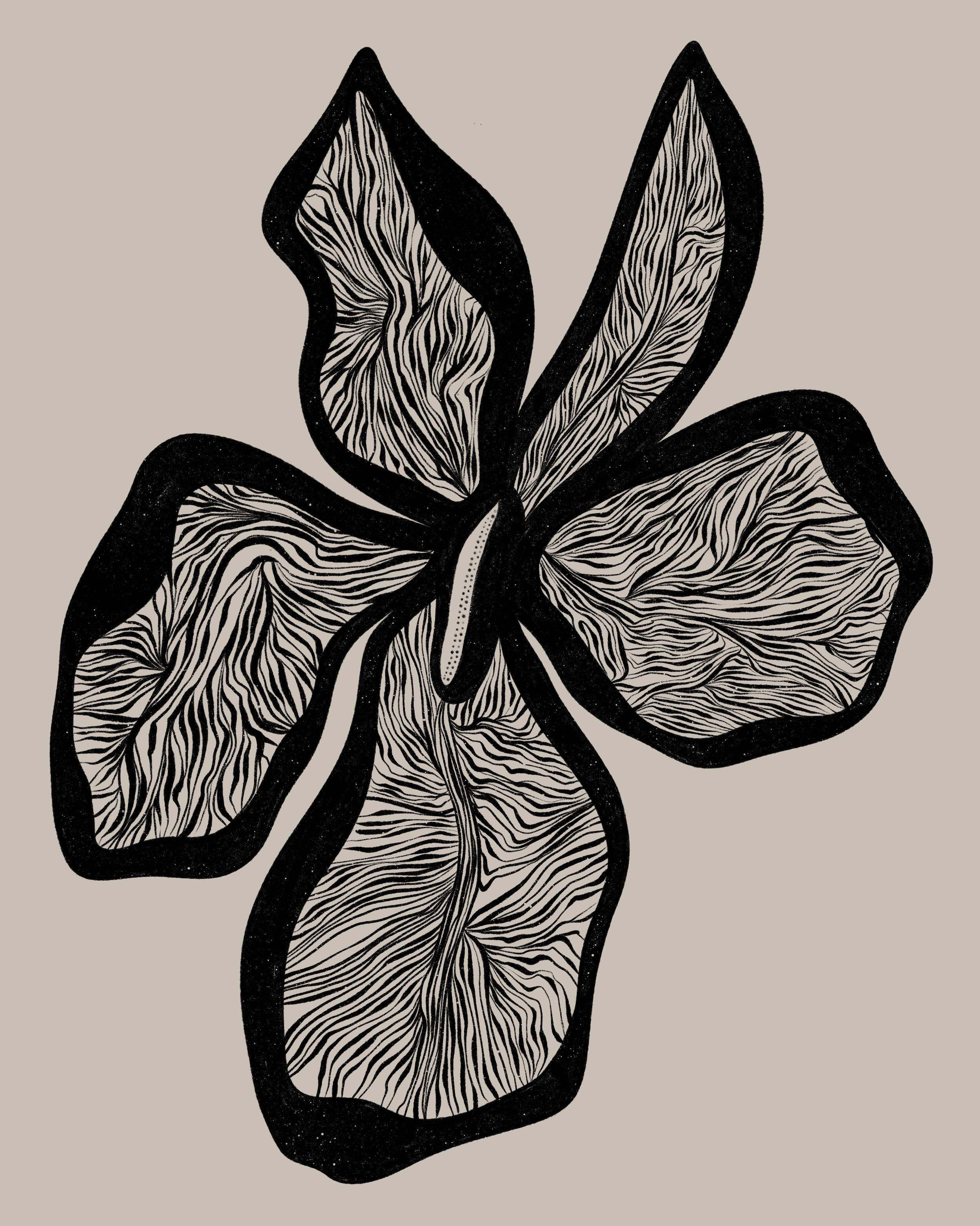 Black and white abstract illustration of a butterfly with detailed textured wings on a beige background.