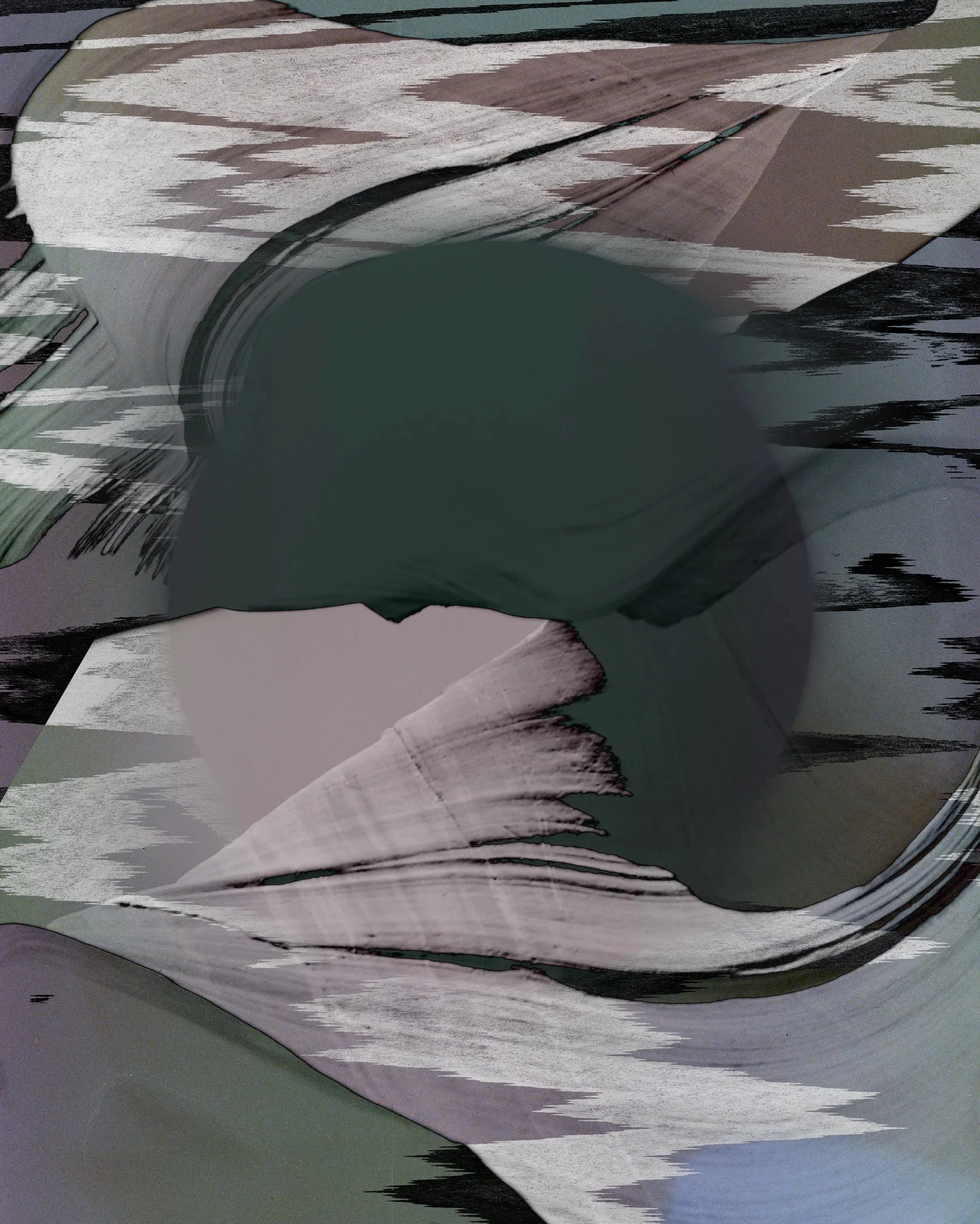 Abstract digital artwork with swirling shapes and brushstroke textures in shades of gray, black, white, and muted pastel colors.