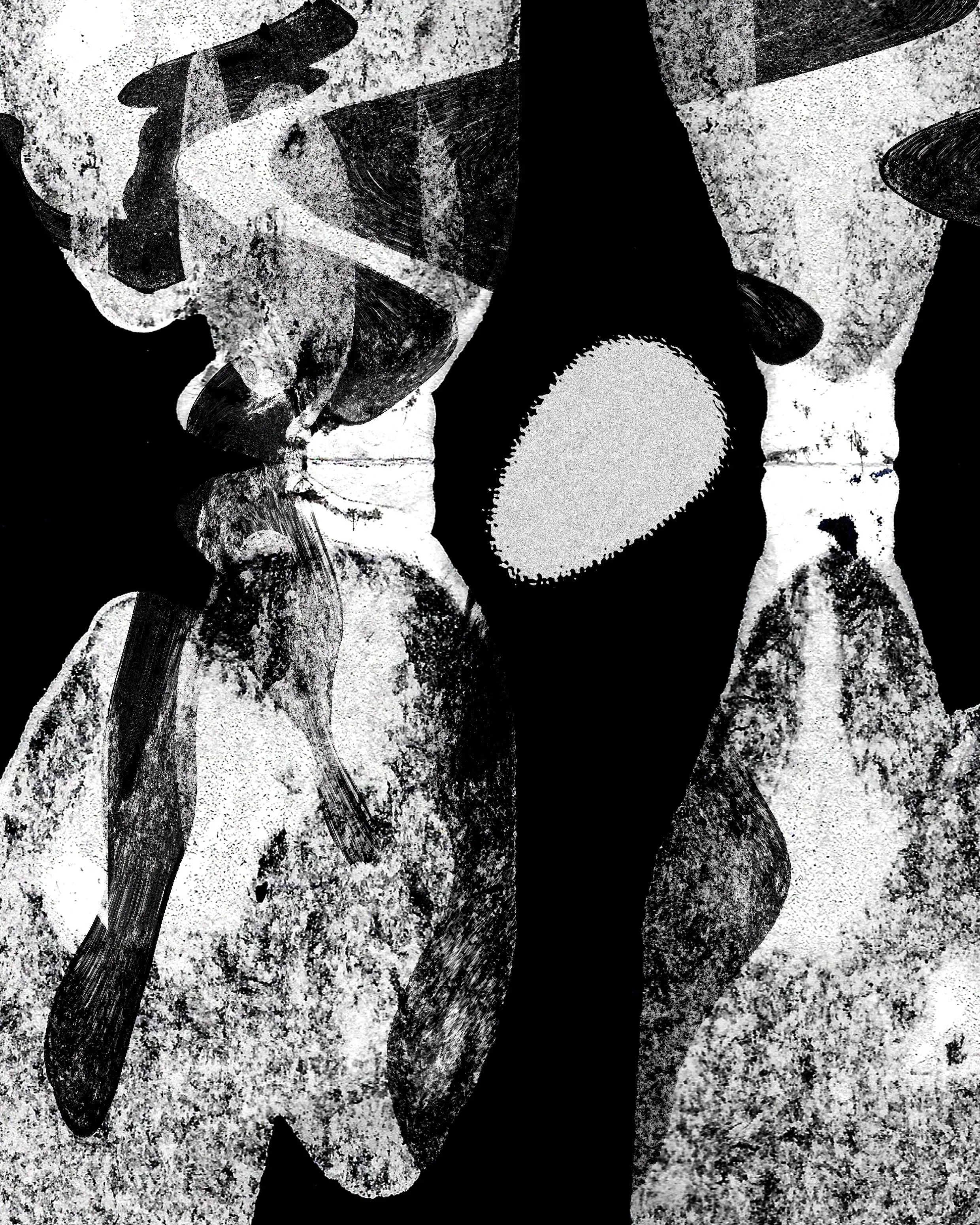 Black and white abstract image of fish on a dark background.