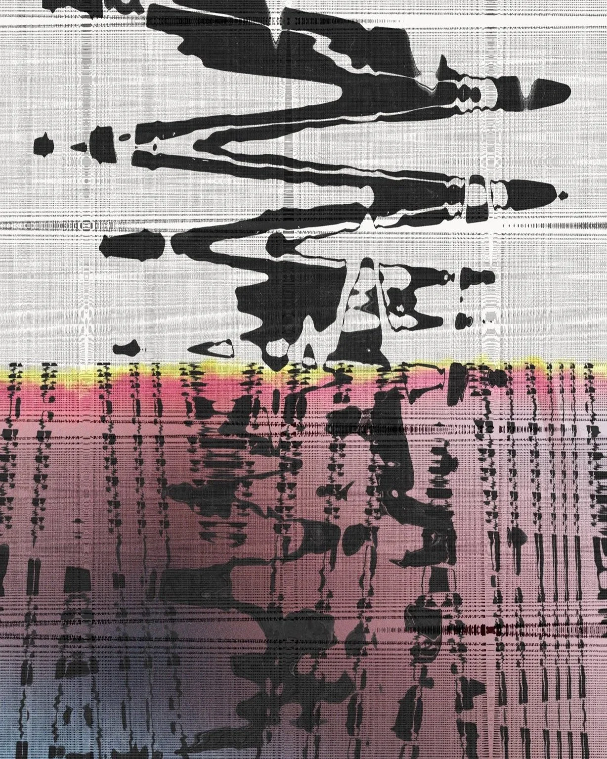 Abstract art with black ink splashes creating a symmetrical pattern, divided by a yellow and pink horizontal line, with distorted pixelated textures.