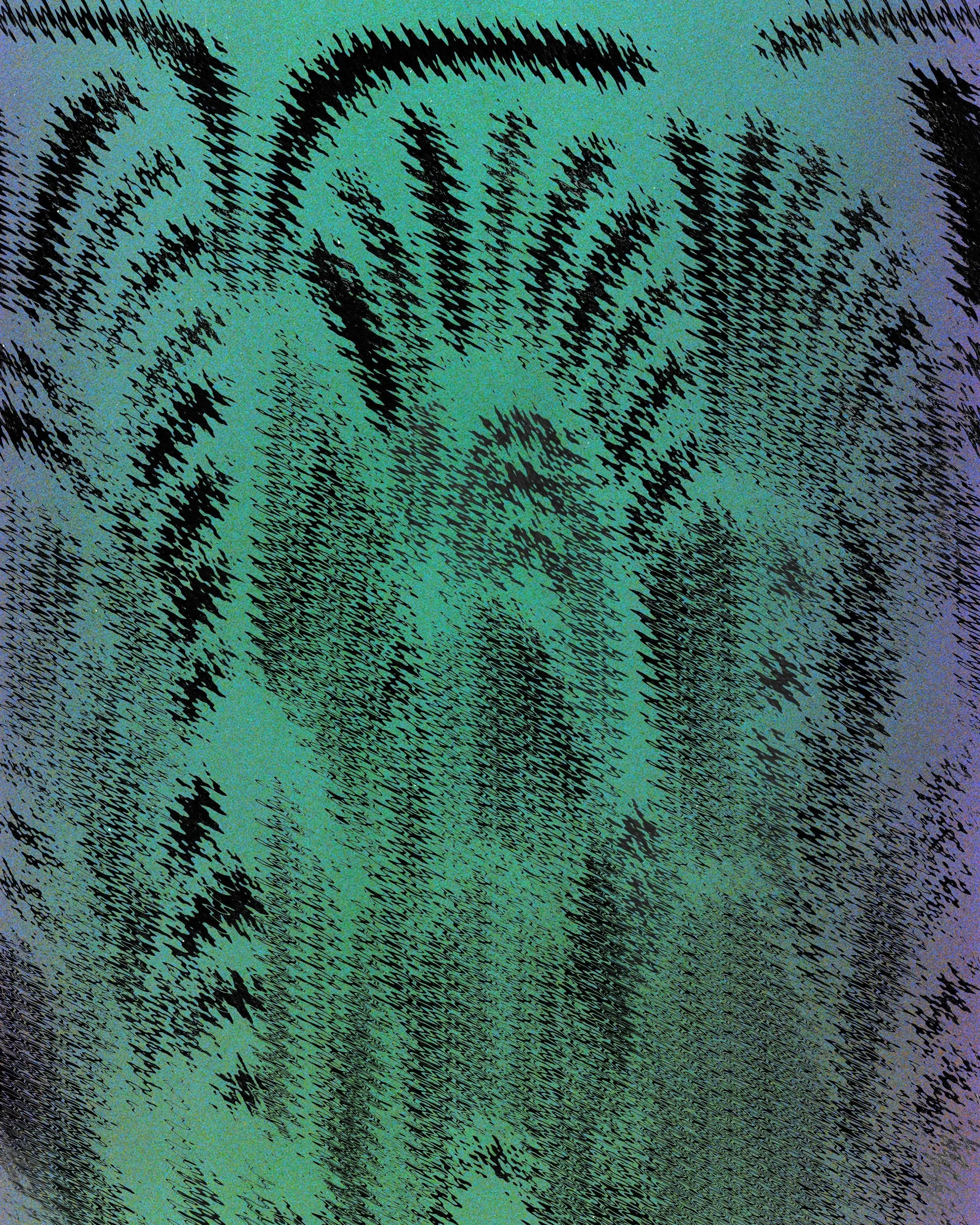 Abstract digital artwork with black lightning bolt shapes forming a face against a teal to purple gradient background.