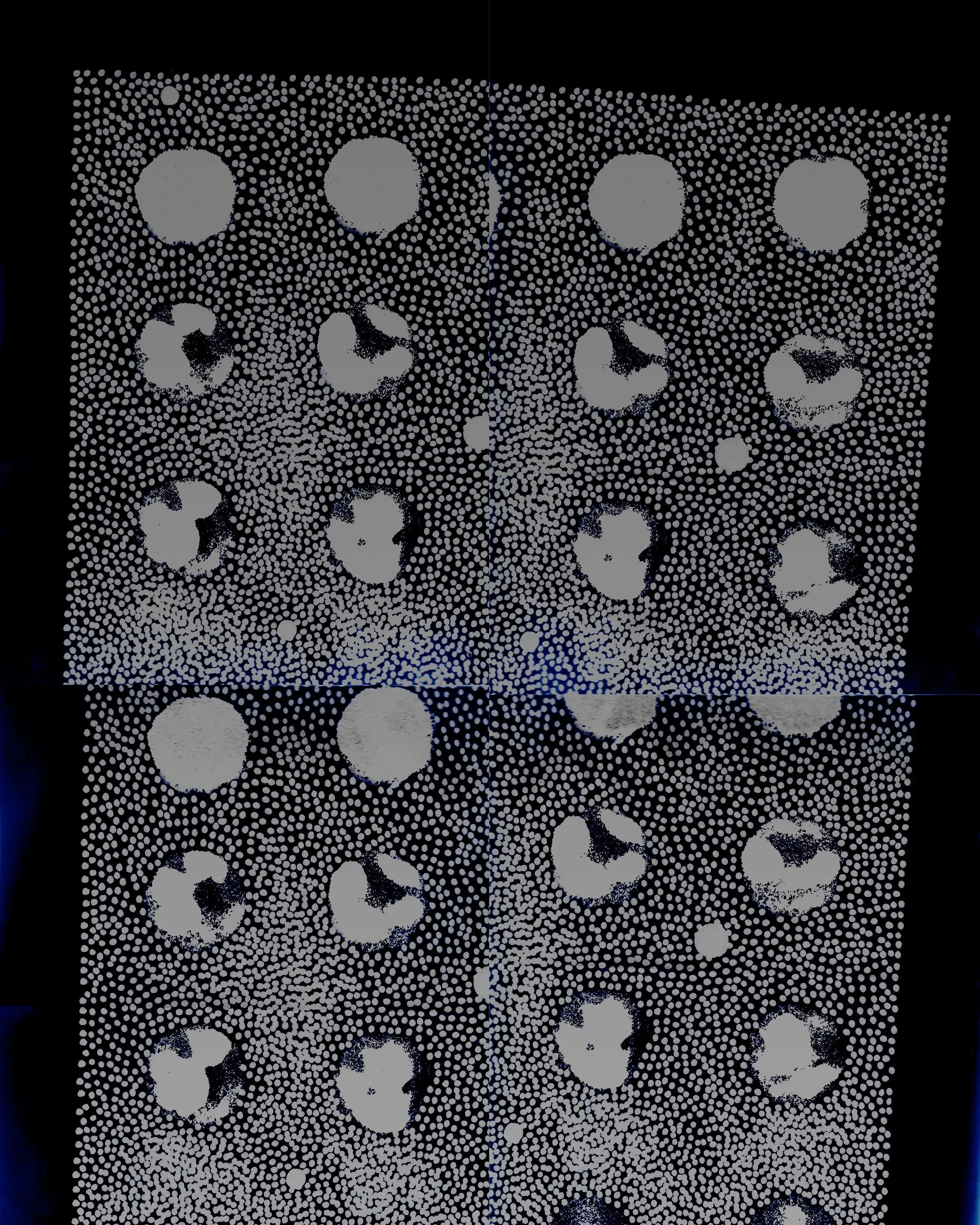 A dot matrix image featuring multiple white circular patterns on a black background, reminiscent of a stylized representation of a face or abstract art.