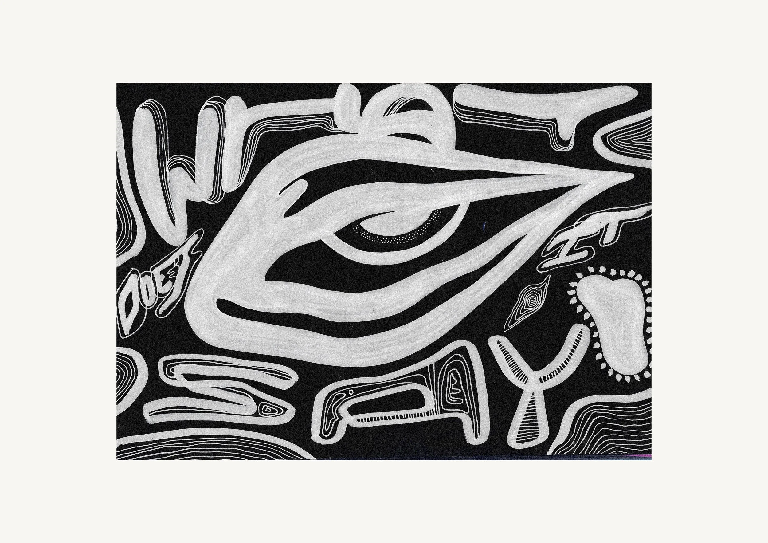 Black and white abstract artwork with a large eye, hand, and various shapes and lines.