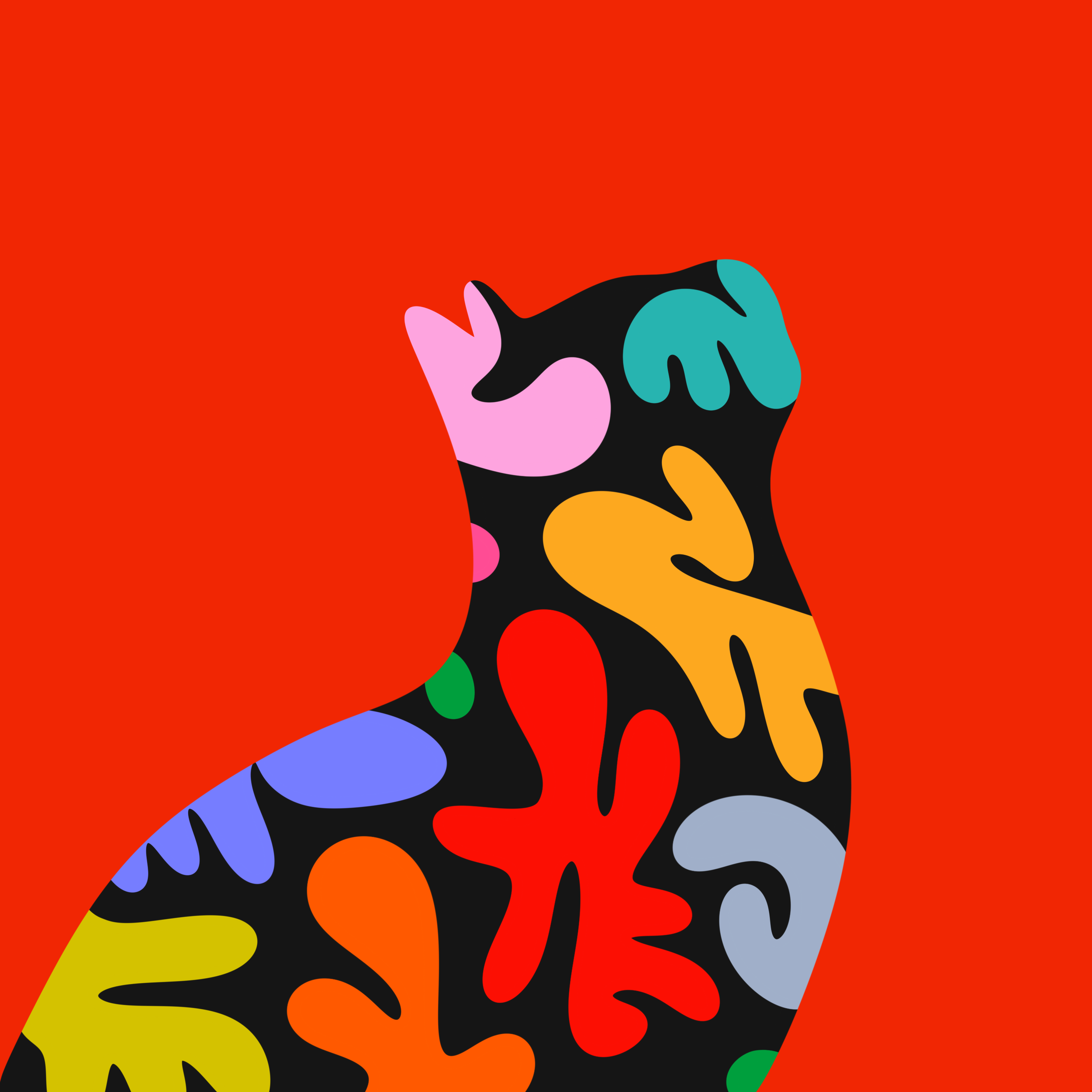 Abstract illustration of a cat silhouette filled with colorful, blob-like shapes on a red background.
