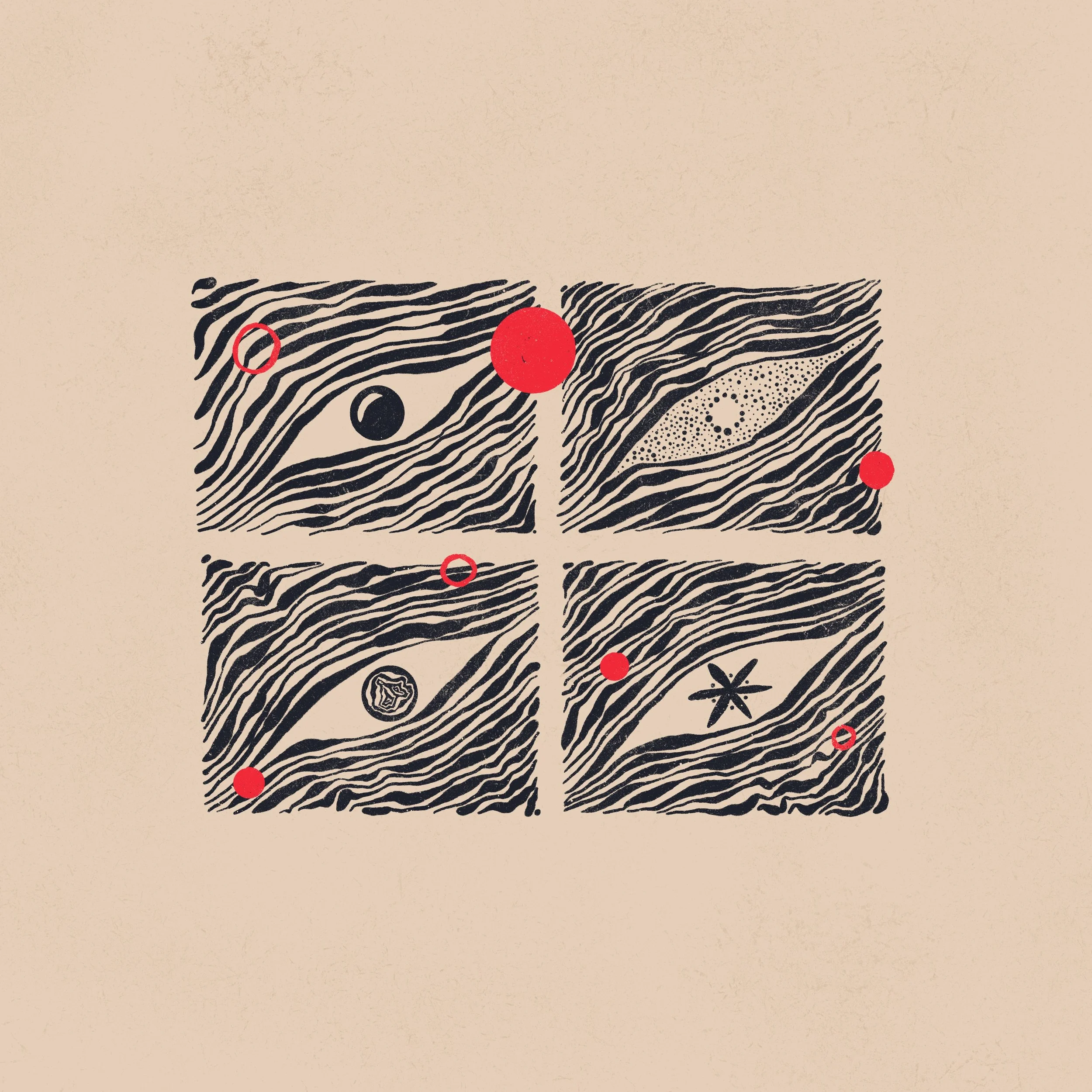 Artistic illustration of an eye with black lines and abstract shapes, featuring red circles and star-like symbols on a beige background.