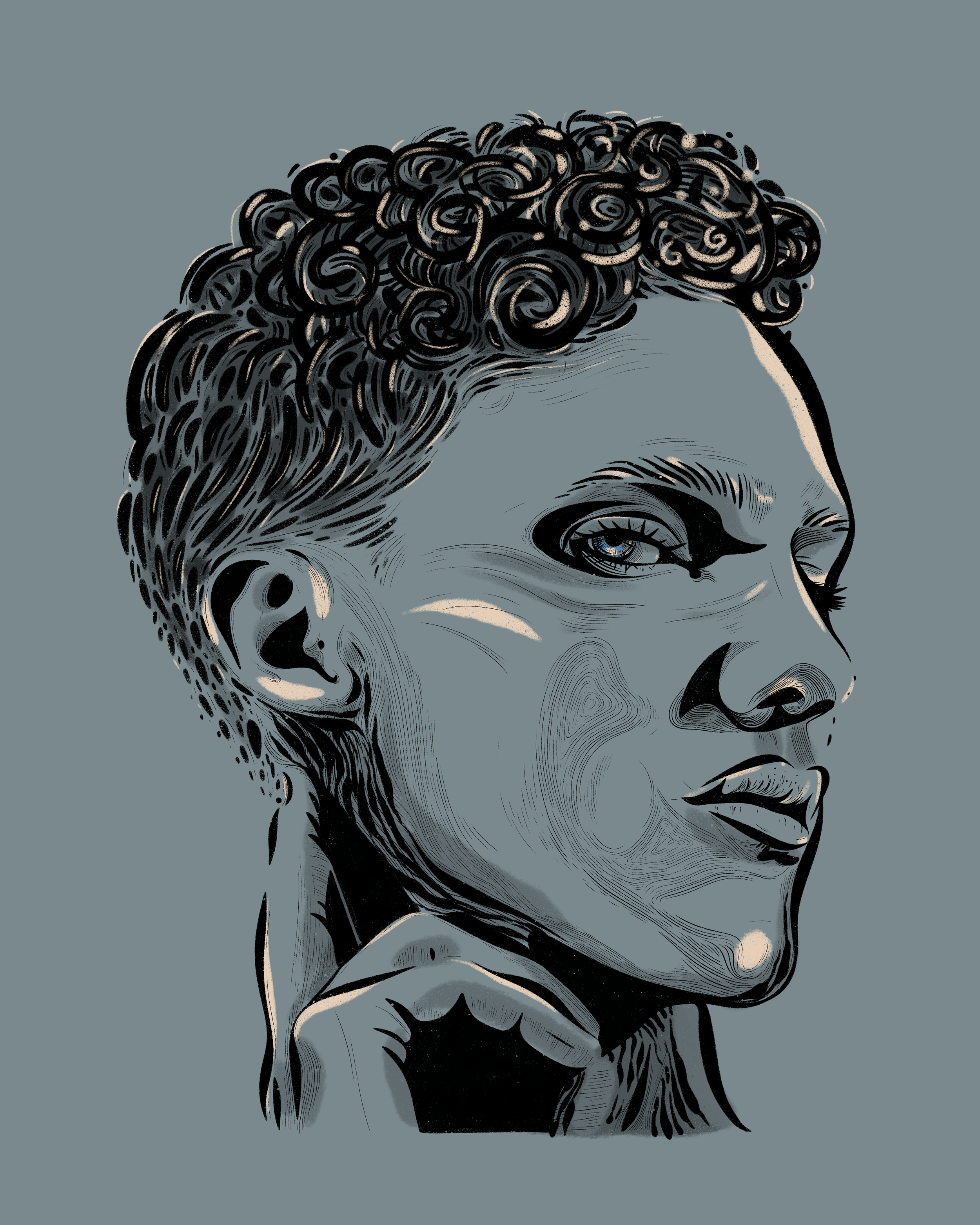 Stylized digital portrait of a woman with short, curly hair, in shades of gray and black, with blue eyes against a solid gray background.