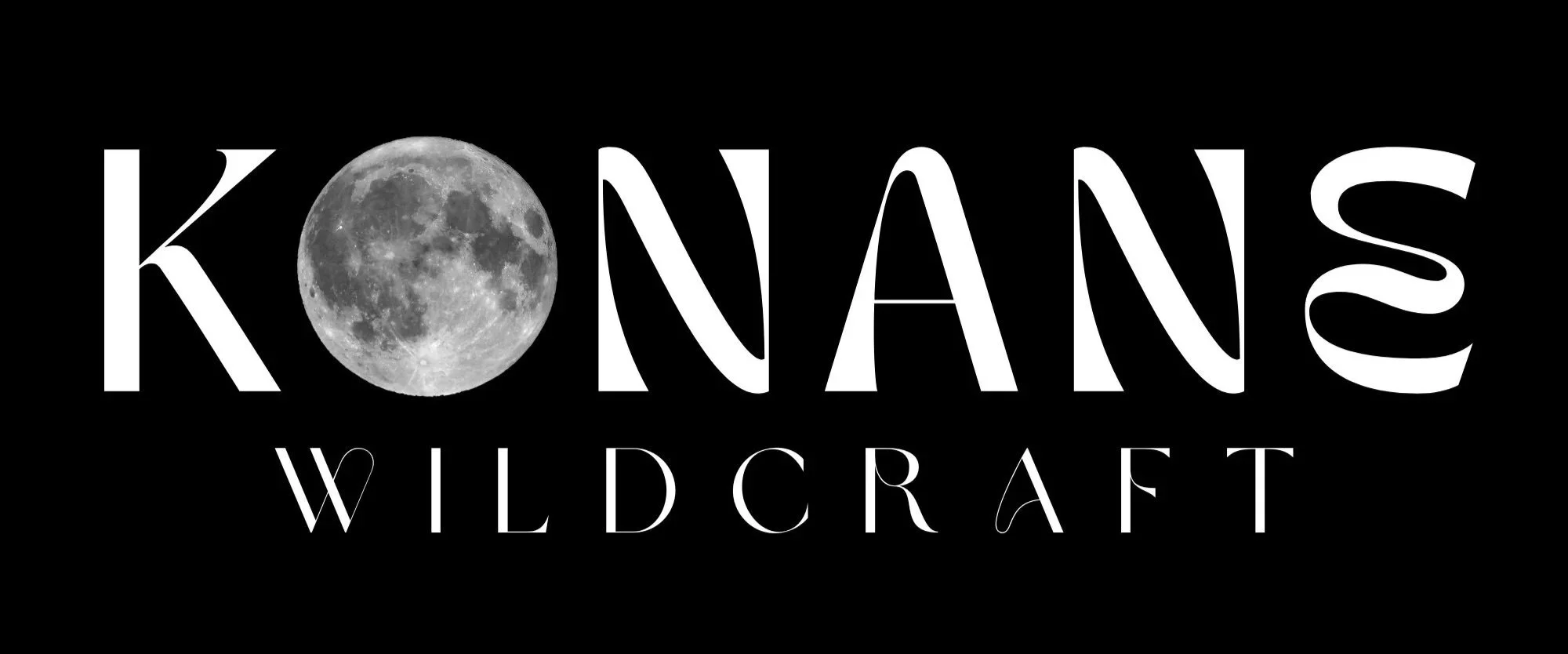 Black background with the word KONAE in large white letters, with the moon as the O, and the word WILDCRAFT in smaller white letters below.
