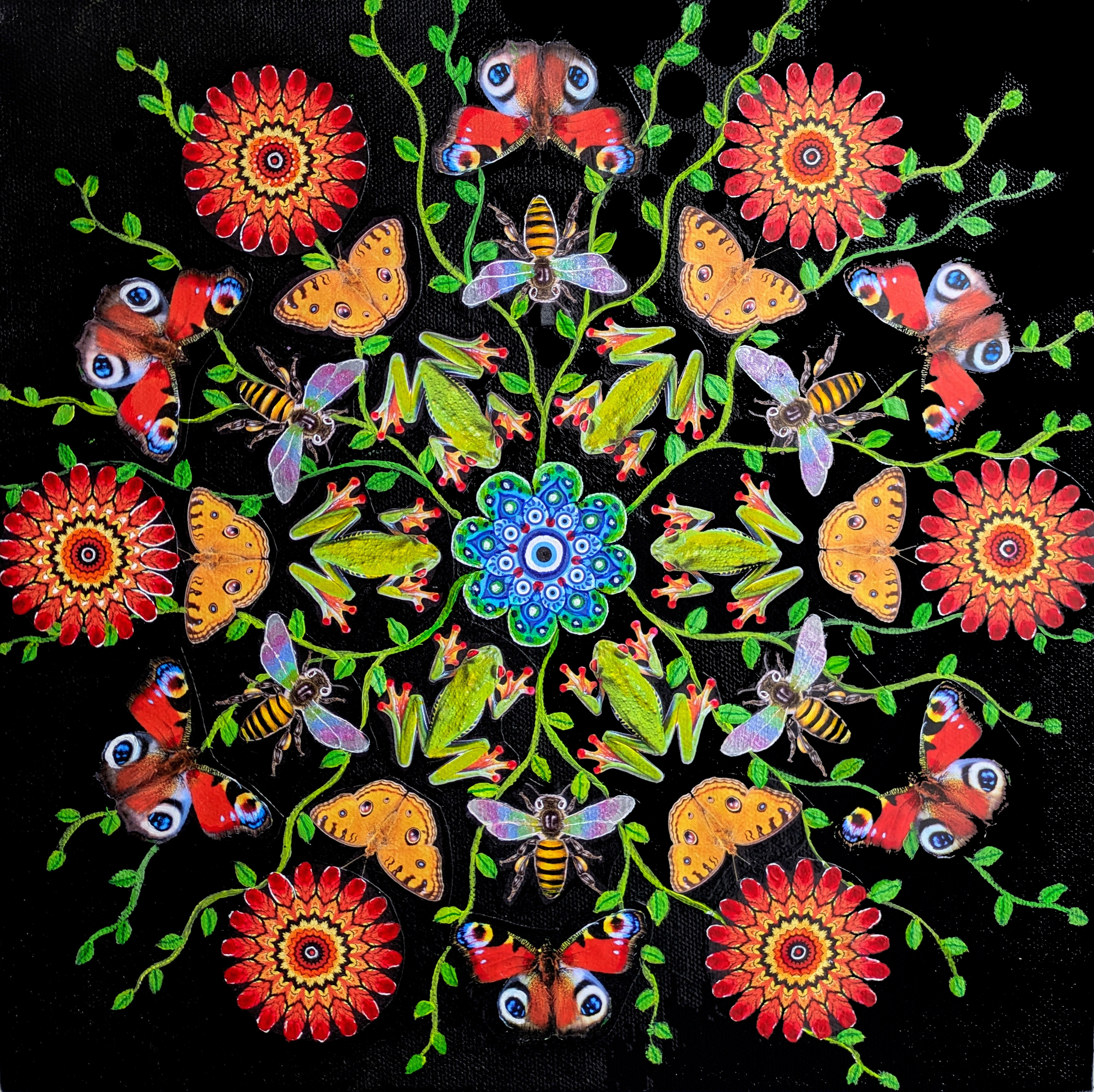 “Fecundity”, Acrylic and Collage on Canvas, 
12" x 12", $200 (2025)