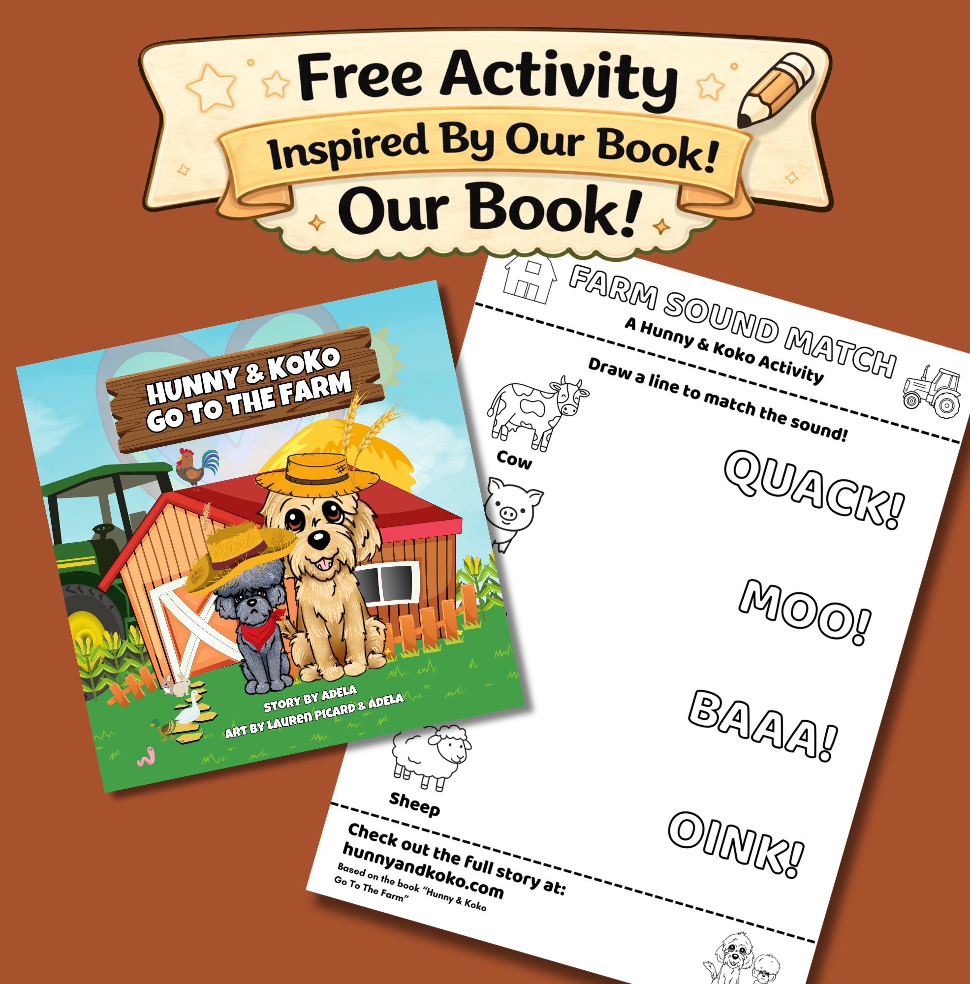 Farm animal sounds matching worksheet for toddlers from Hunny and Koko's Go to the Farm book.