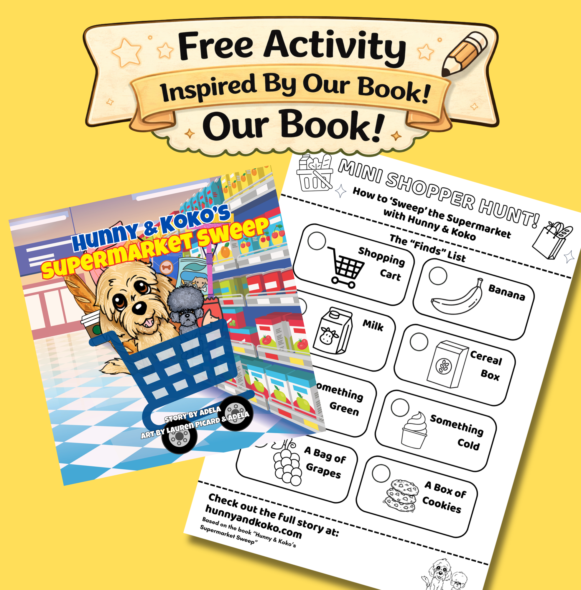 ree printable grocery store scavenger hunt activity for kids from Hunny and Koko's Supermarket Sweep book.