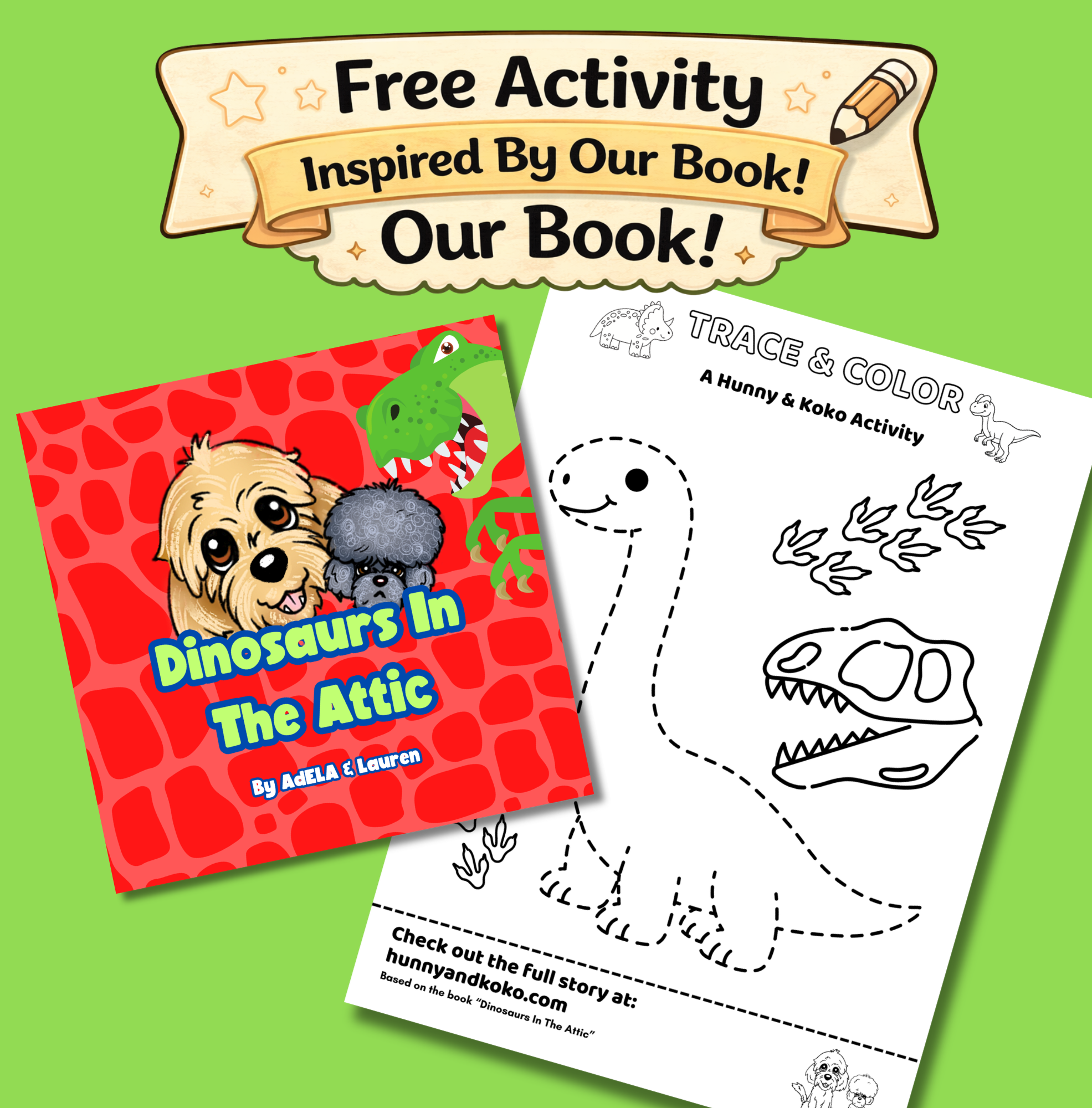 Dinosaur tracing and coloring page for kids from Hunny and Koko's Dinosaurs in the Attic book.