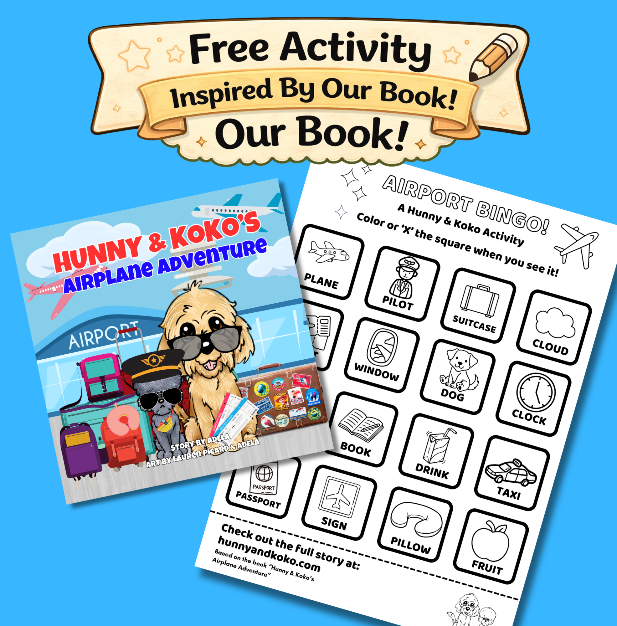 Free printable Airport Bingo activity for kids travel from Hunny and Koko's Airplane Adventure book.