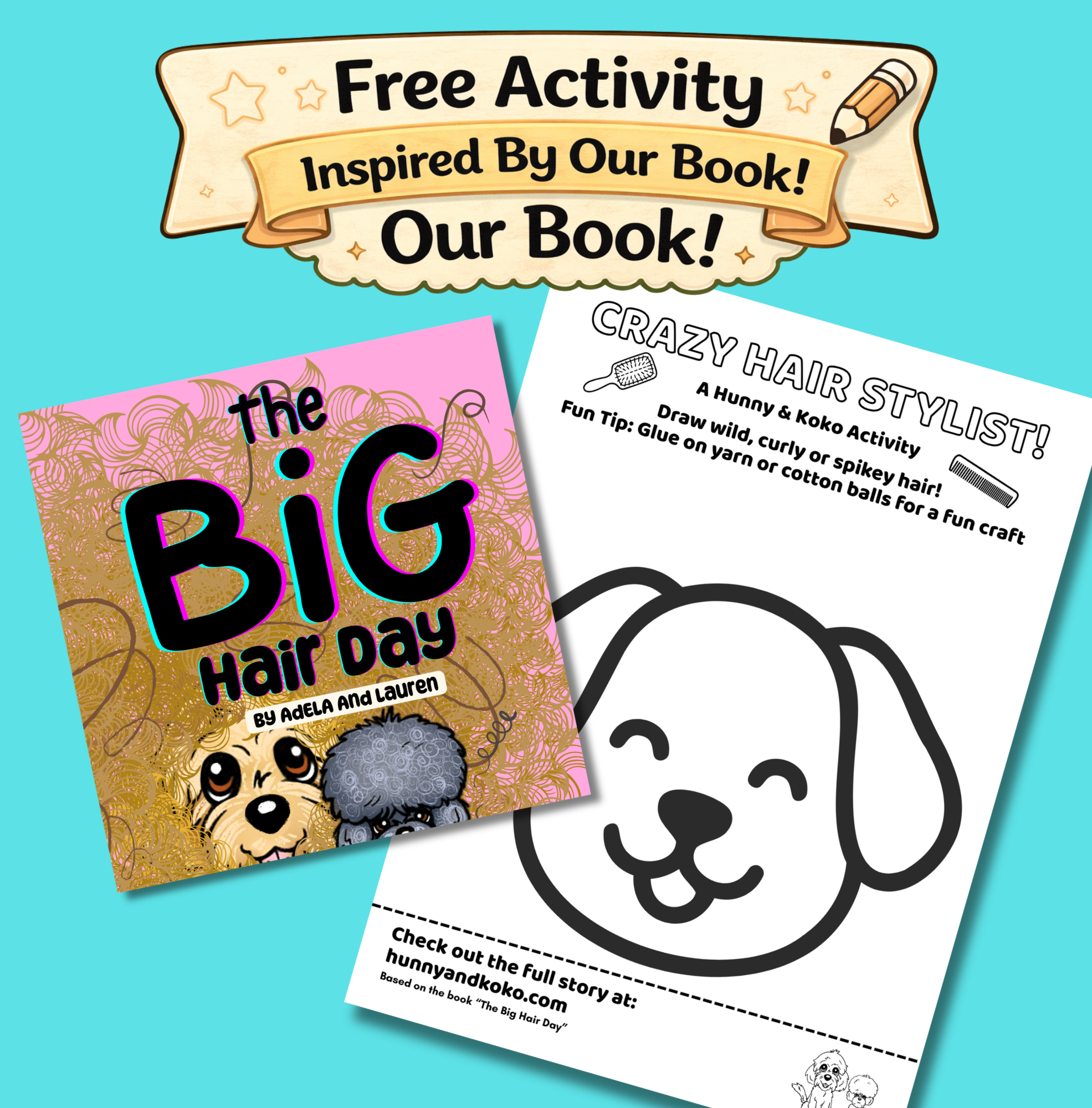 Hair stylist coloring and drawing activity for kids from Hunny and Koko's The Big Hair Day book.