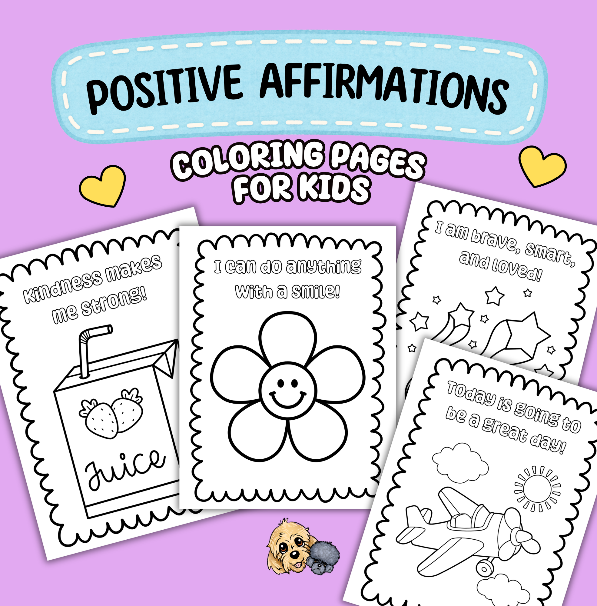 Coloring pages titled 'Positive Affirmations for Kids,' featuring black and white outlined text and images related to confidence, kindness, and happiness on purple background.