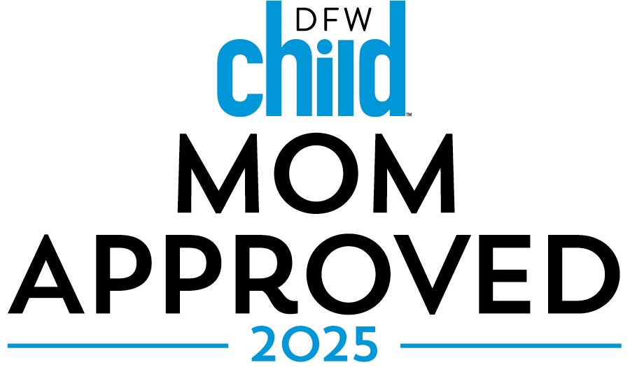 Logo with text reading "DFW child MOM APPROVED 2025" in blue and black fonts.