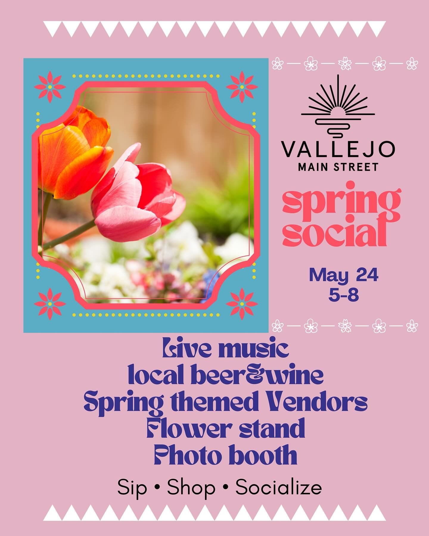 🌼 Let&rsquo;s Get Social! Join us for the Spring  Social in Downtown Vallejo! 🍷 Sip, Shop, and Socialize with your favorite people while discovering your new favorite businesses. Stroll along our downtown pour stations and enjoy quality tastings lo