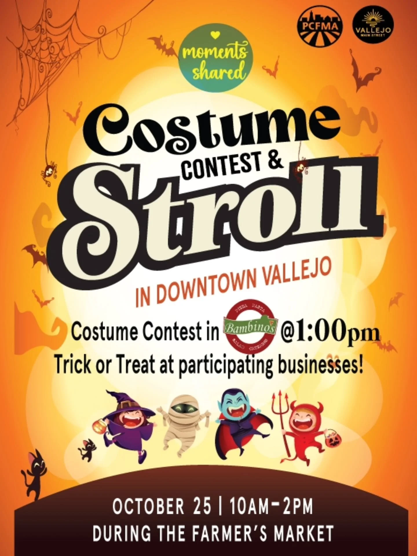 Don't miss the annual Downtown Costume Stroll! 
- Saturday, Oct. 25 during the Farmer's Market 
- Trick or Treat 10am-2pm
- Costume giveaway 11-5pm by @centerforurbanexcellence
- Costume contest inside @bambinosvallejo at 1pm
We are sharing space wi
