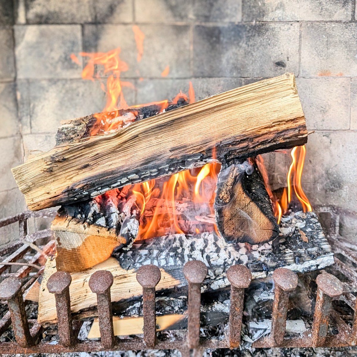 A wood burning fire