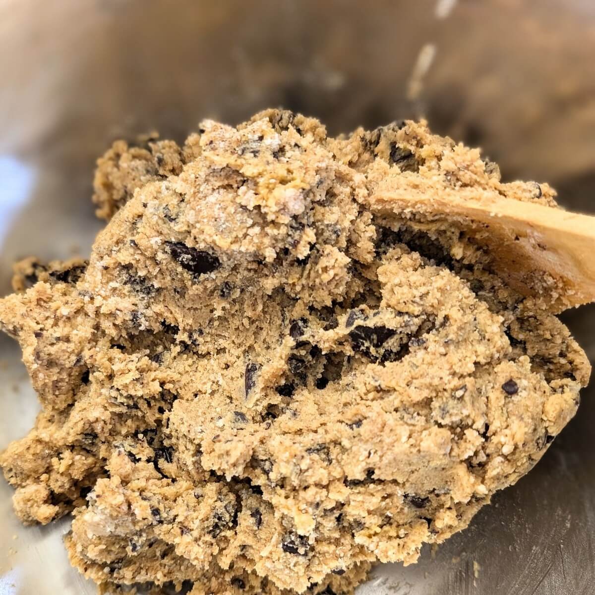 Mixed cookie dough for dark chocolate cookies in a bowl