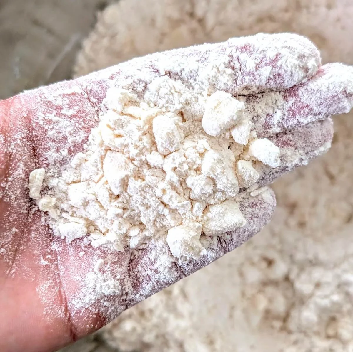 Pea-sized butter pieces coated in flour for an all-butter pie crust recipe