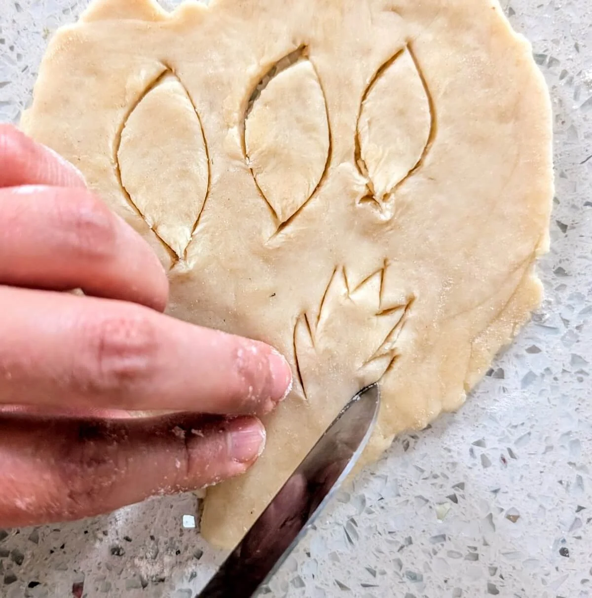 Decorative pie crust leaves cut out with a paring knife