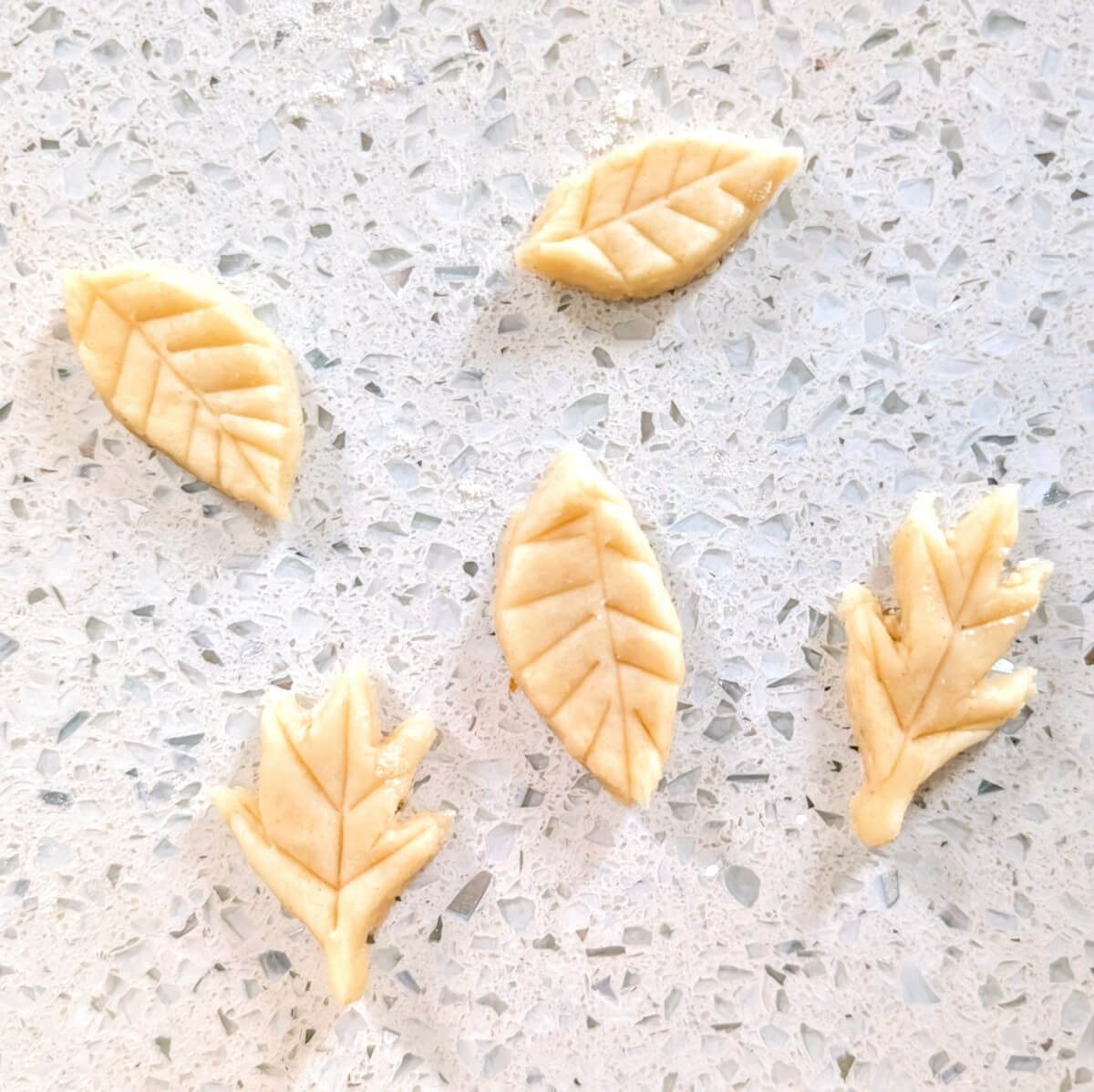 Unbaked pie crust leaves made from leftover dough, ready to bake