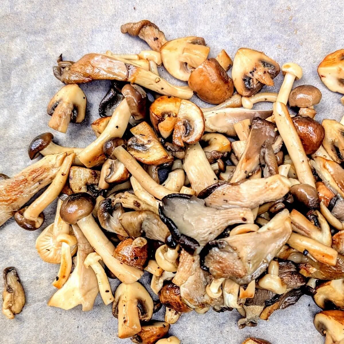 Deeply browned mushrooms resting on parchment after cooking for creamy mushroom risotto