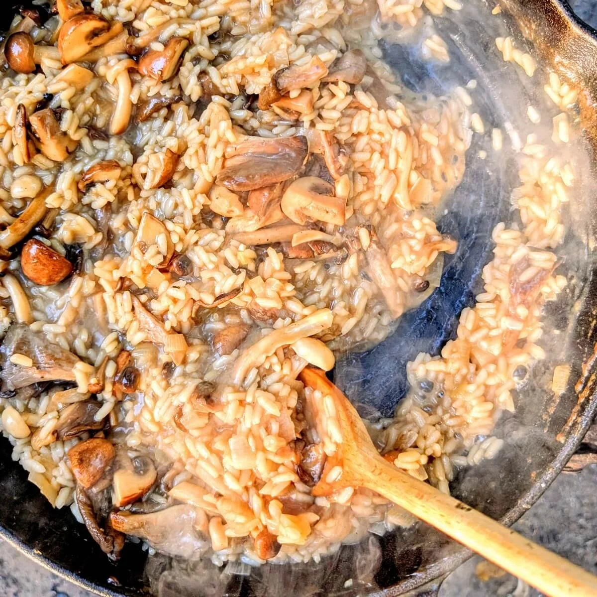 Stirring mushroom risotto in cast iron skillet until thick and al dente over open fire