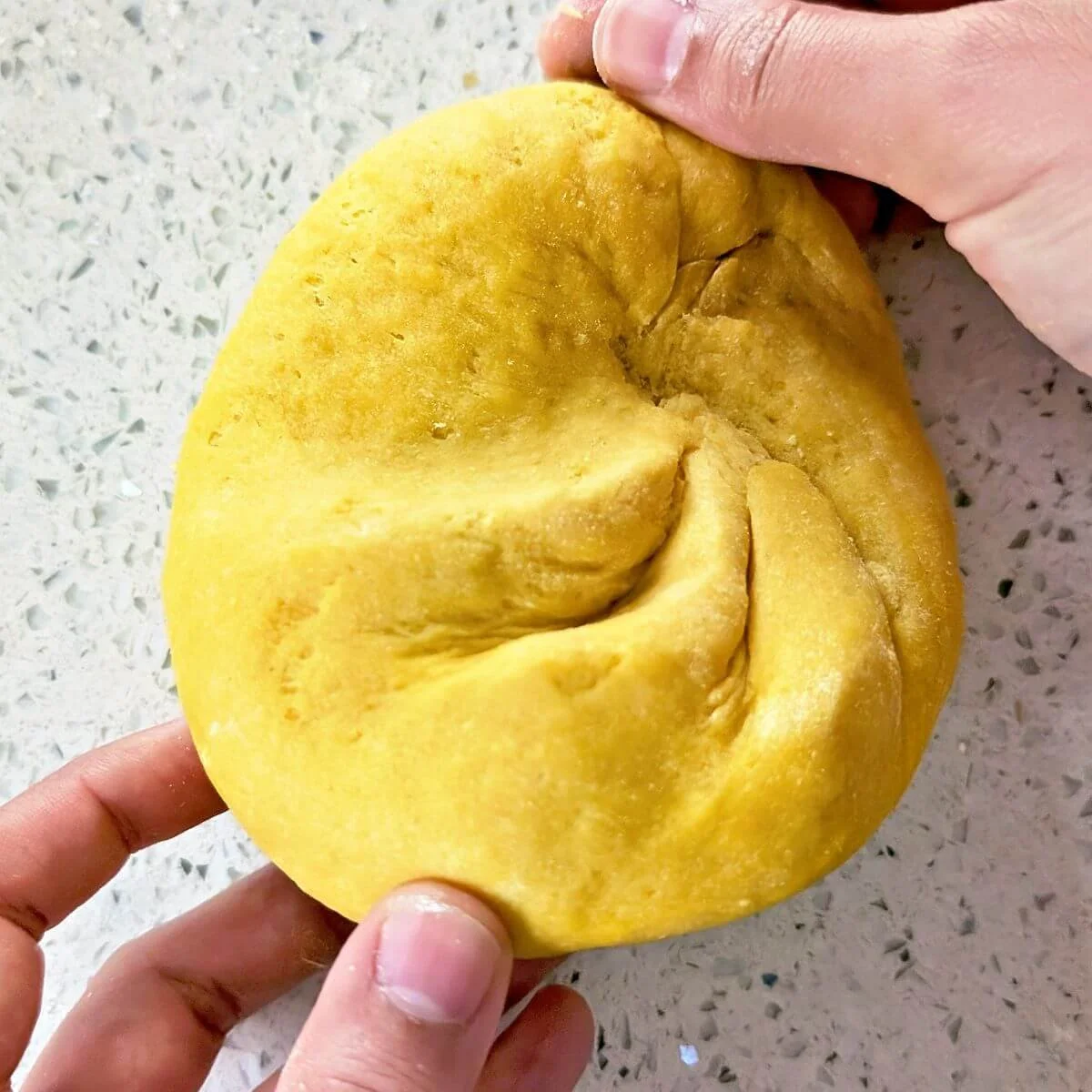 Twisted underside of the pasta dough showing the spiral pattern formed during kneading