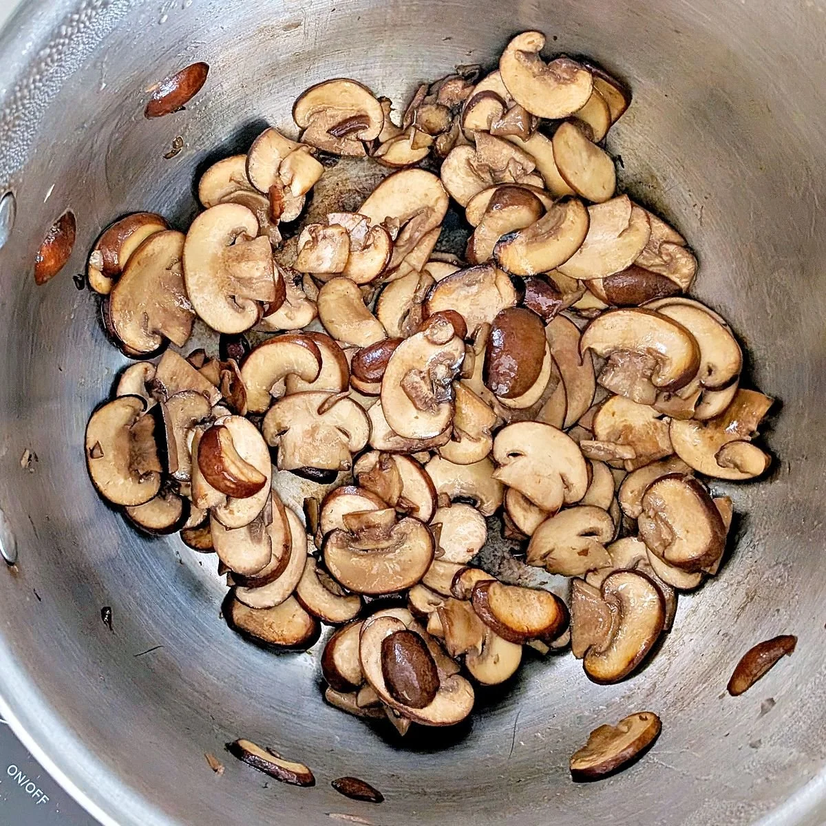 Deeply browned cremini mushrooms for mushroom gravy
