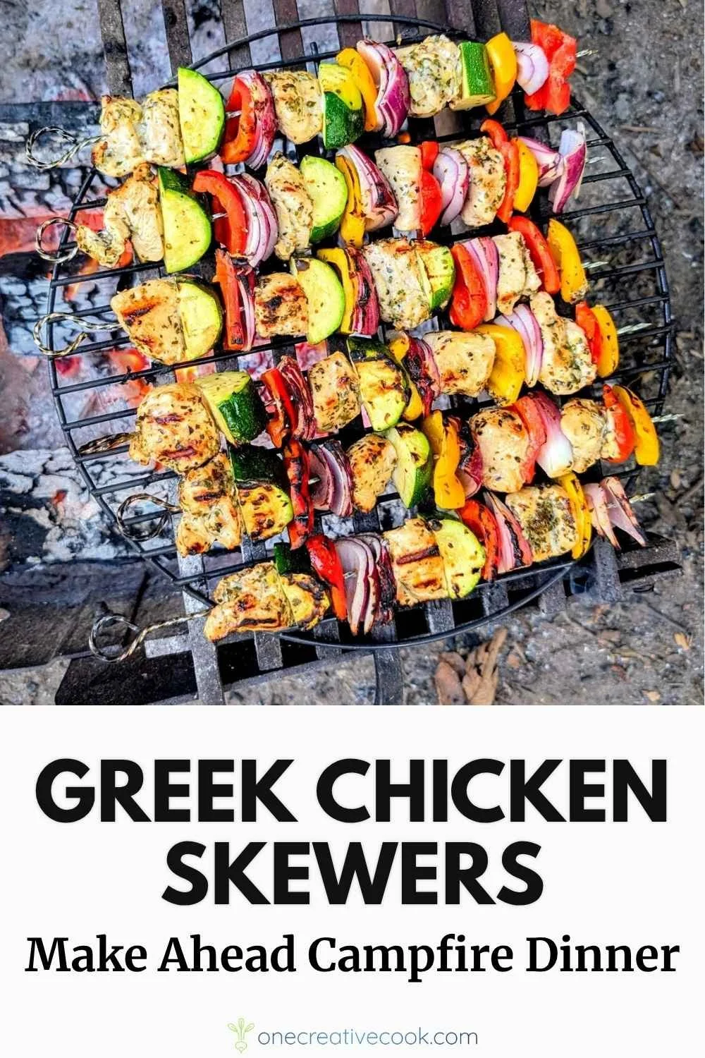 Greek chicken skewers for camping grilling over a wood campfire
