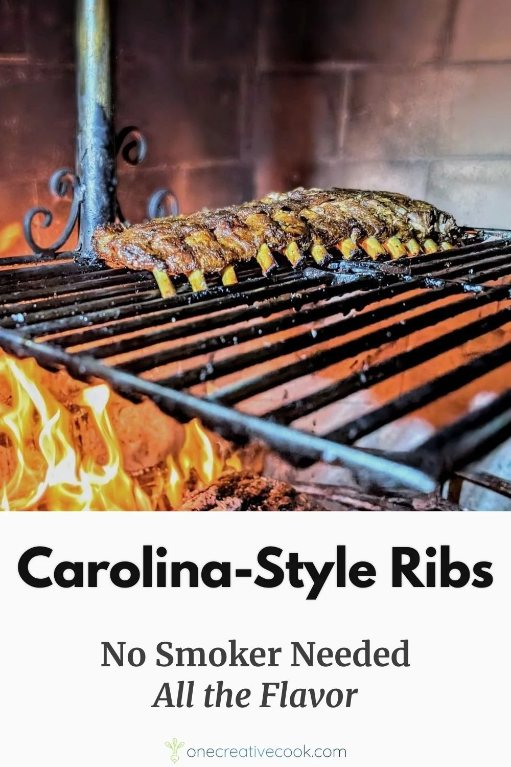 Dry rubbed pork ribs with Carolina style vinegar sauce cooking over a wood-burning fire