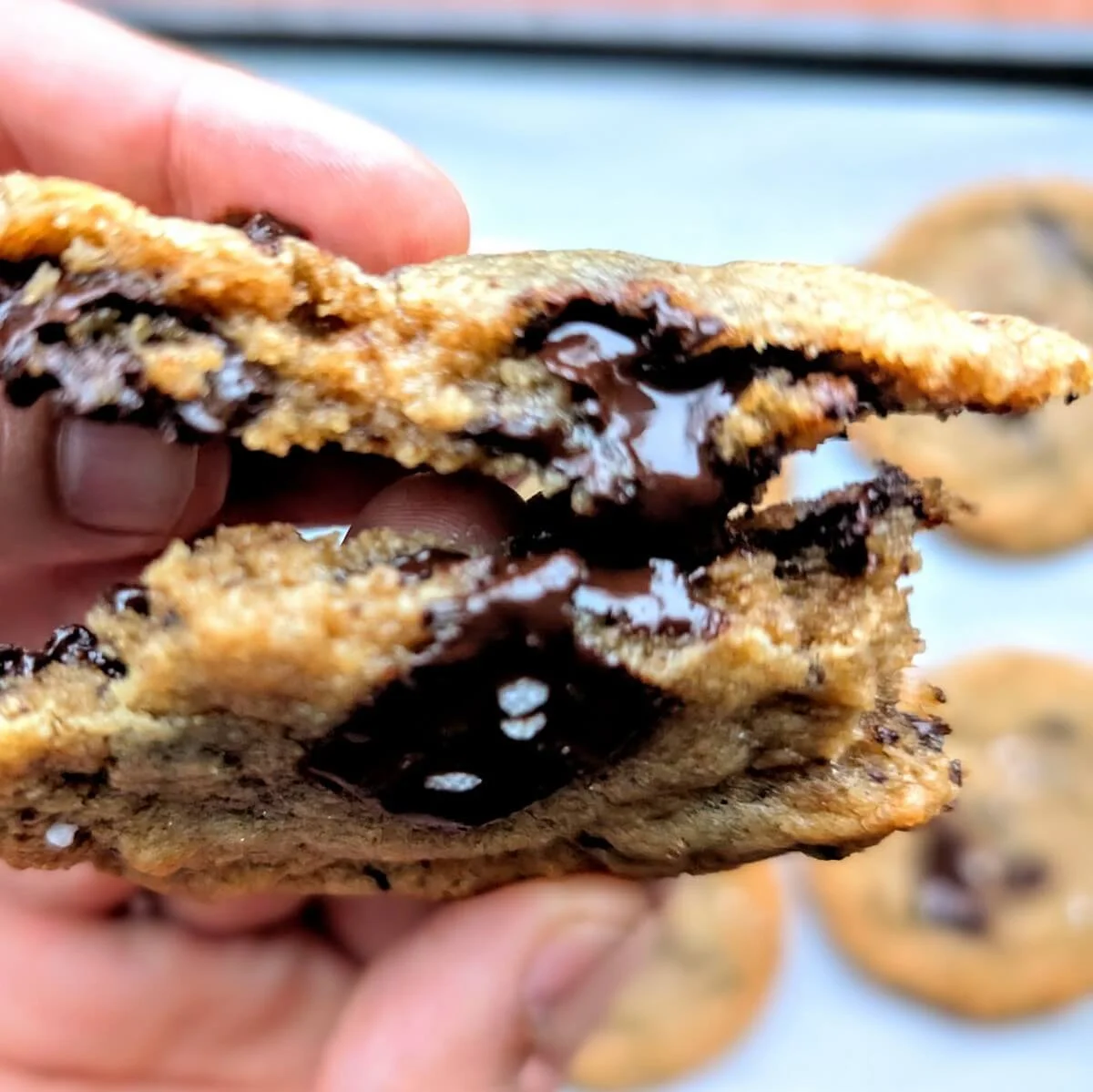 Hand holding a broken salted dark chocolate cookie showing gooey melted chocolate chunks inside