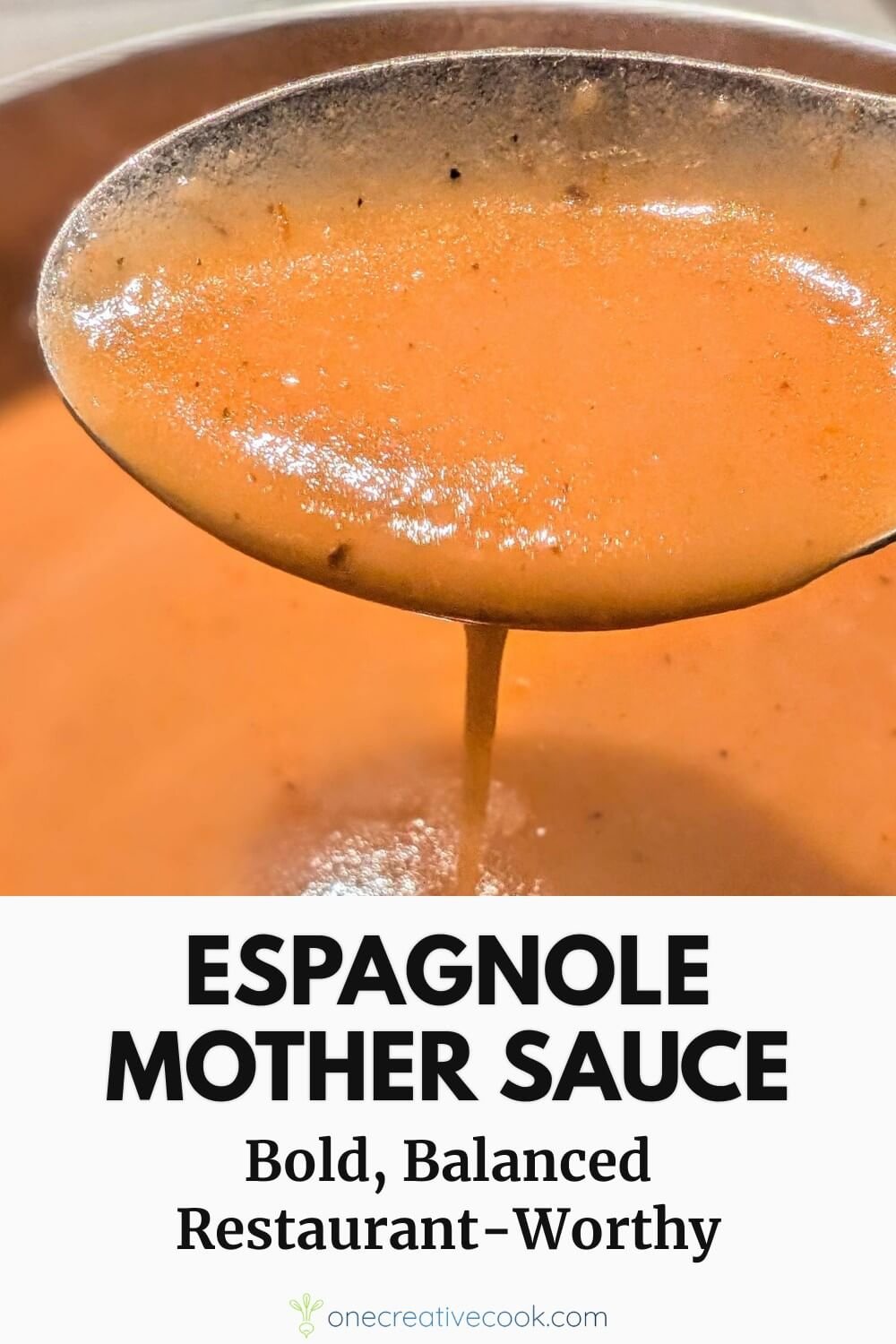 Espagnole mother sauce recipe drizzling off of a spoon