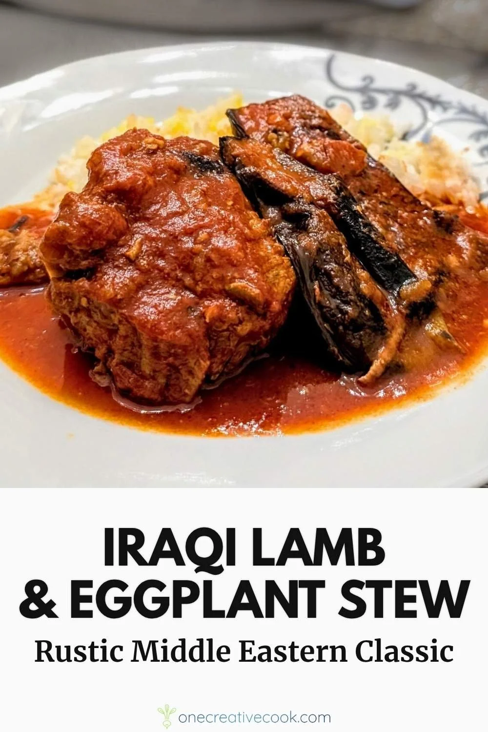 Iraqi lamb and eggplant stew with tender lamb and tomato sauce served over white rice