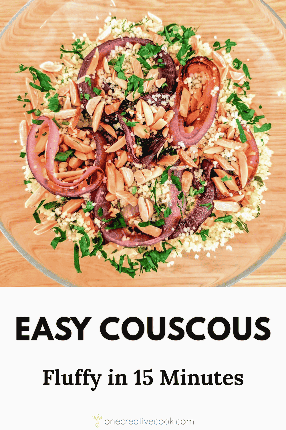 Bowl of kettle couscous topped with onions, herbs, preserved lemon vinaigrette, and almonds beside a bowl of chicken tagine