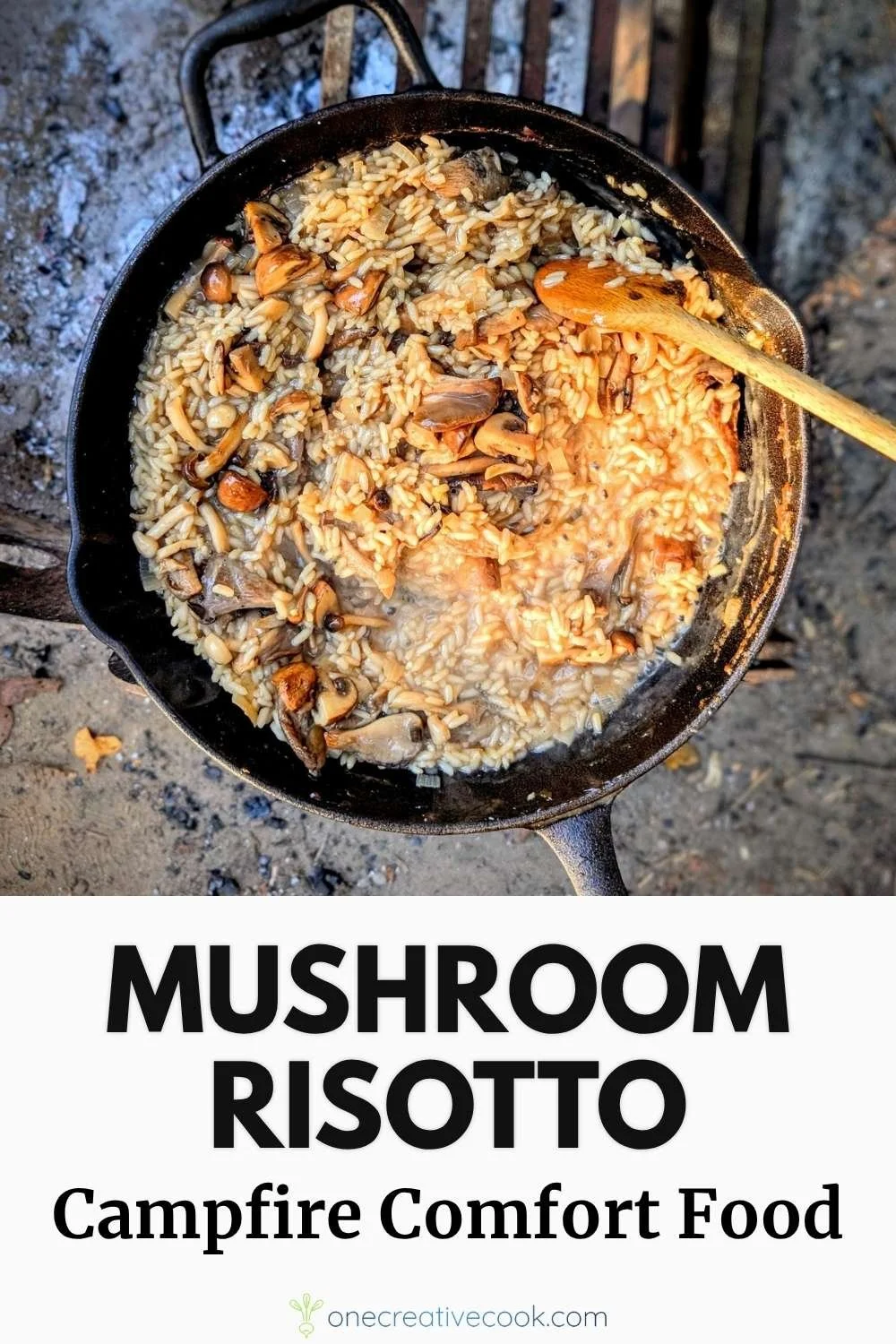 A cast iron pan of creamy mushroom risotto over a campfire