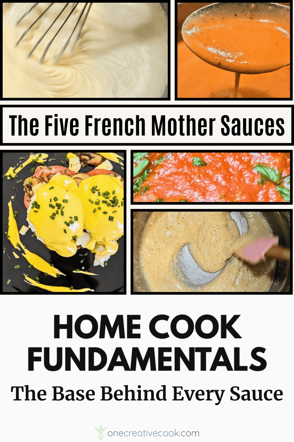 A collage of the five French mother sauces including bechamel, veloute, espagnole, hollandaise, and tomato sauce