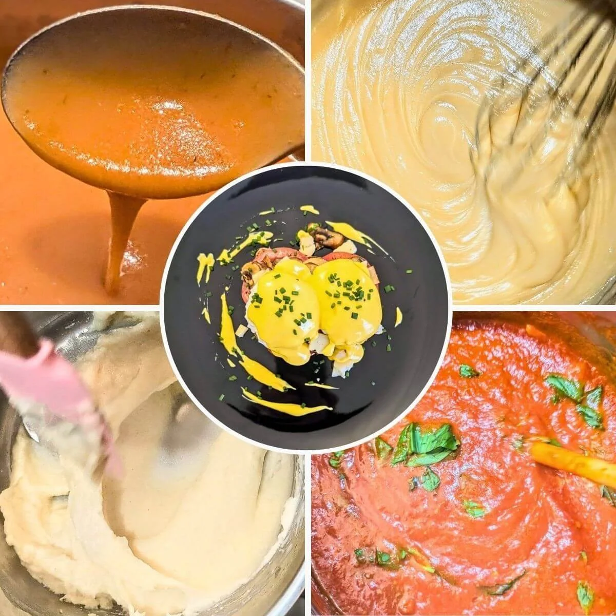 The five French mother sauces: béchamel, velouté, espagnole, hollandaise, and tomato displayed in a collage