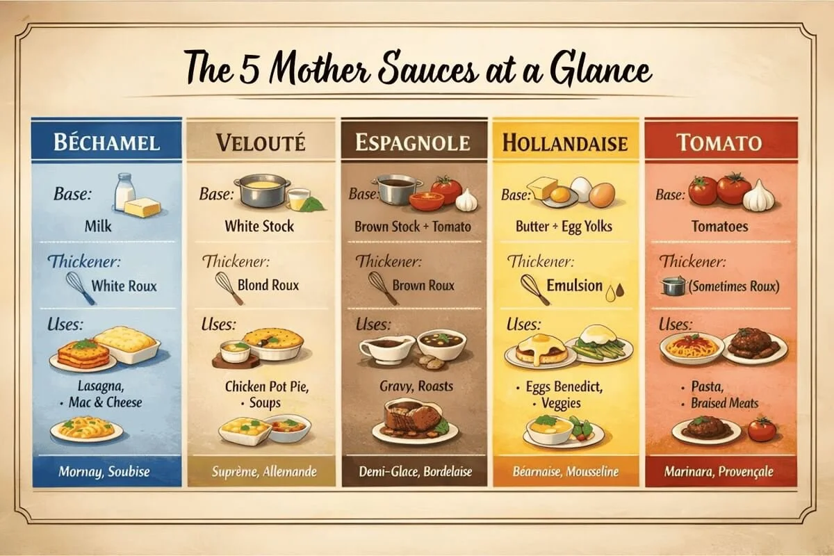 Infographic of the 5 French mother sauces showing their base liquids, thickeners, and common uses: béchamel, velouté, espagnole, hollandaise, and tomato sauce